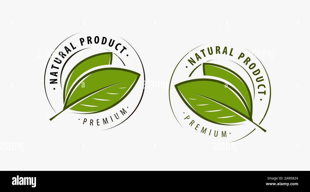 Etichetta prodotto naturale. Simbolo della foglia o immagine vettoriale del logo Illustrazione Vettoriale