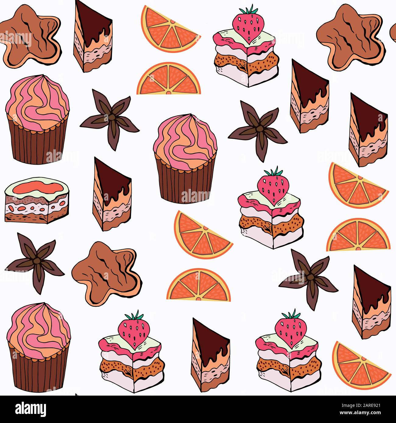 Schema senza giunture astratto nel vettore. Si trova nel menu campioni. sfondo con cupcake, torta, arancia, biscotti. Texture colorata per schede design, Illustrazione Vettoriale