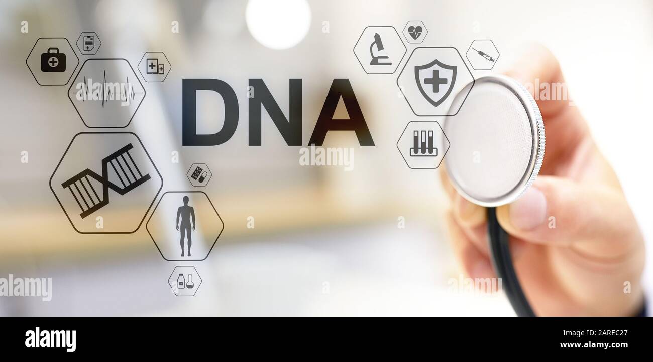 Acido deossiribonucleico di DNA. Concetto di scienza medica sanitaria sullo schermo Foto Stock