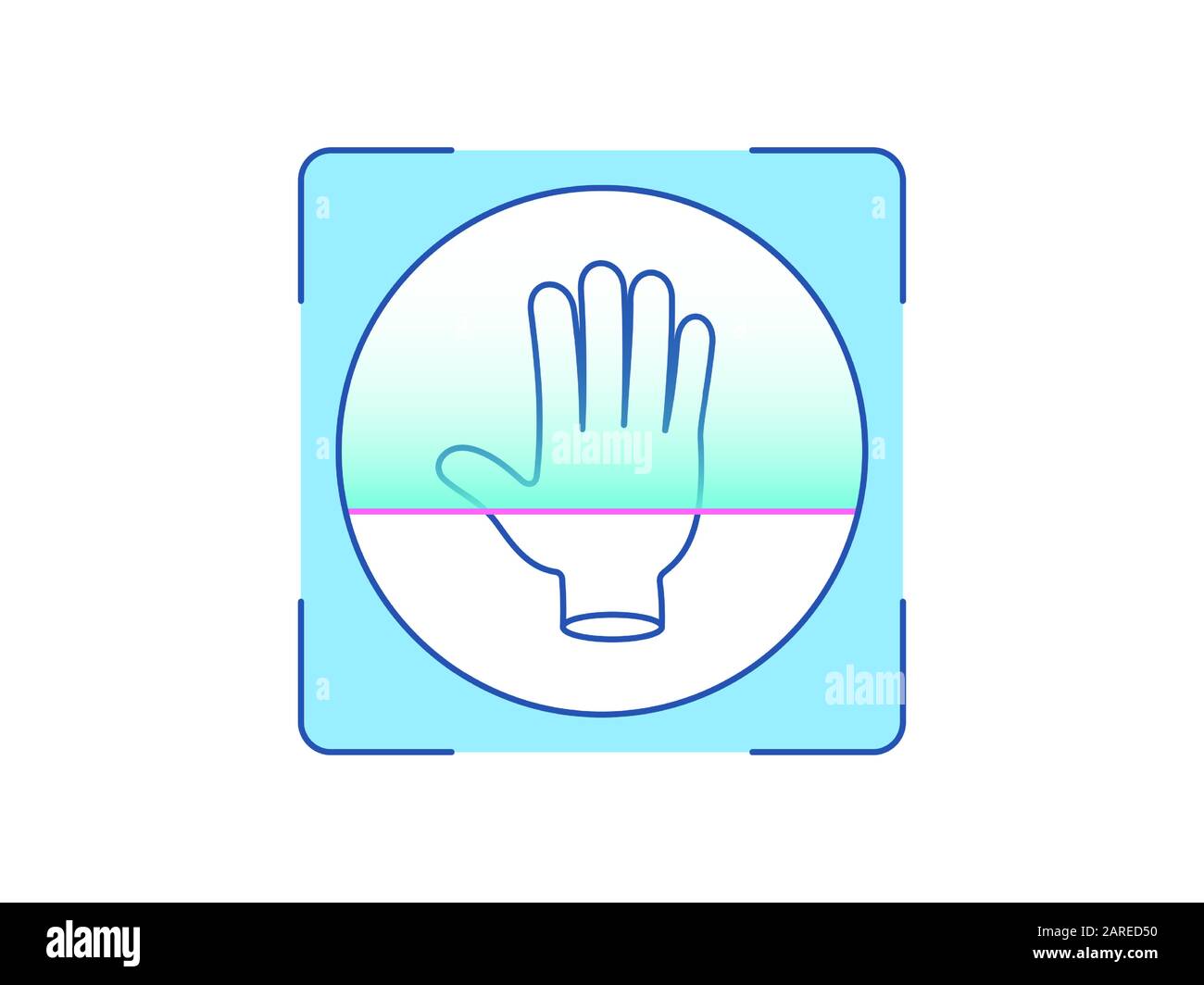 Riconoscimento della stampa Palm, icona. Sistema di scansione biometrica per il palmo umano, interfaccia di identificazione della persona. Tecnologia ID mano. Riconoscimento del sistema e. Illustrazione Vettoriale