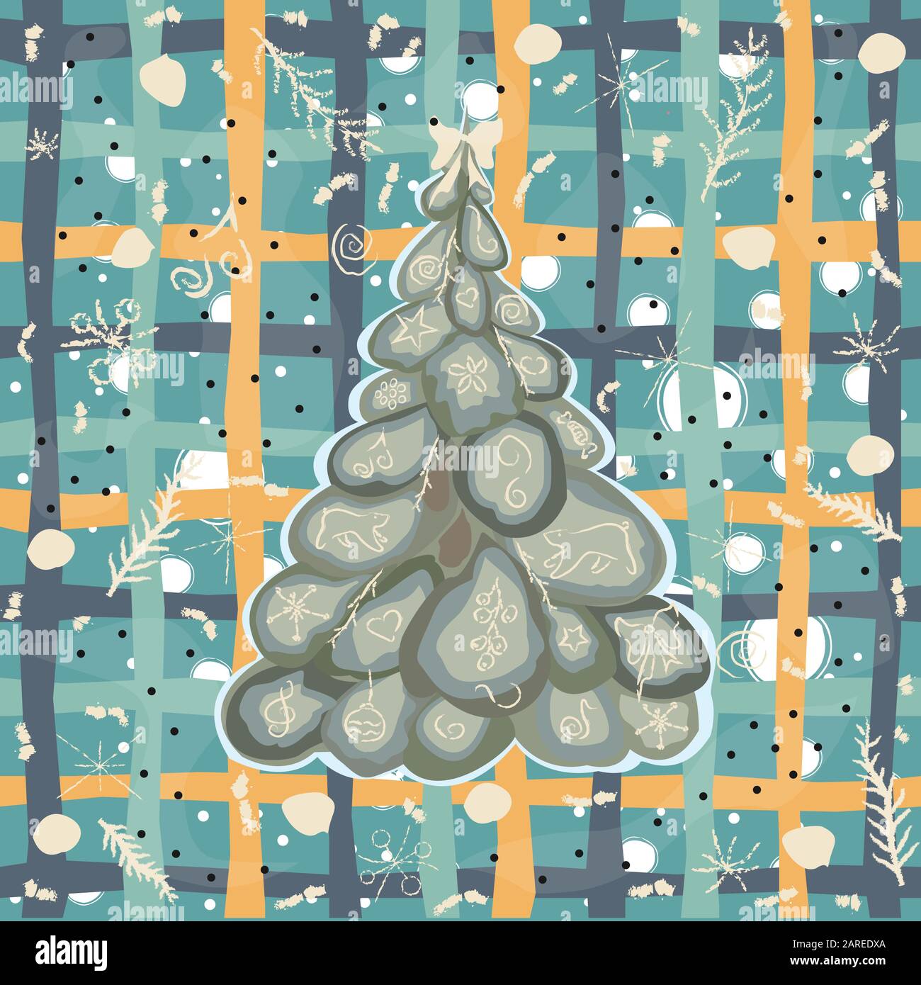 Cartoon Winter Merry Christmas Tree con divertenti scarabocchi. Illustrazione Vettoriale Illustrazione Vettoriale