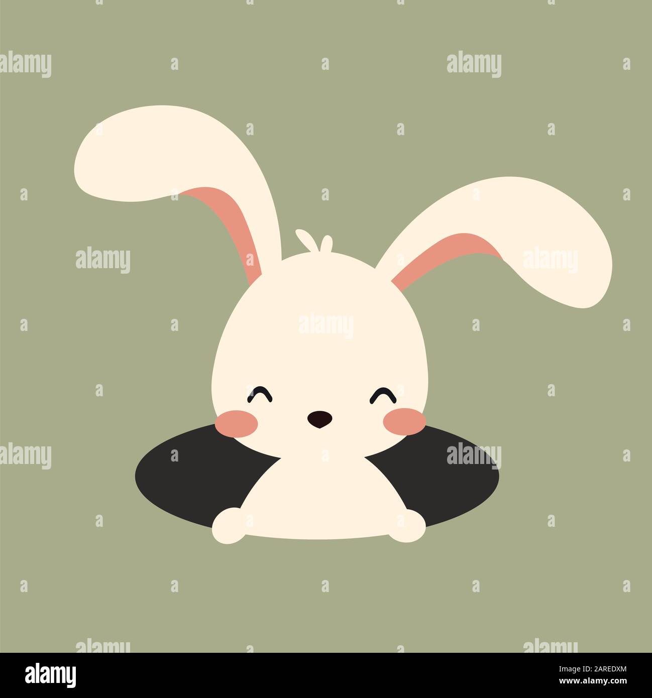 Carino kawaii vettore pasqua bianco coniglietto in buco Illustrazione Vettoriale