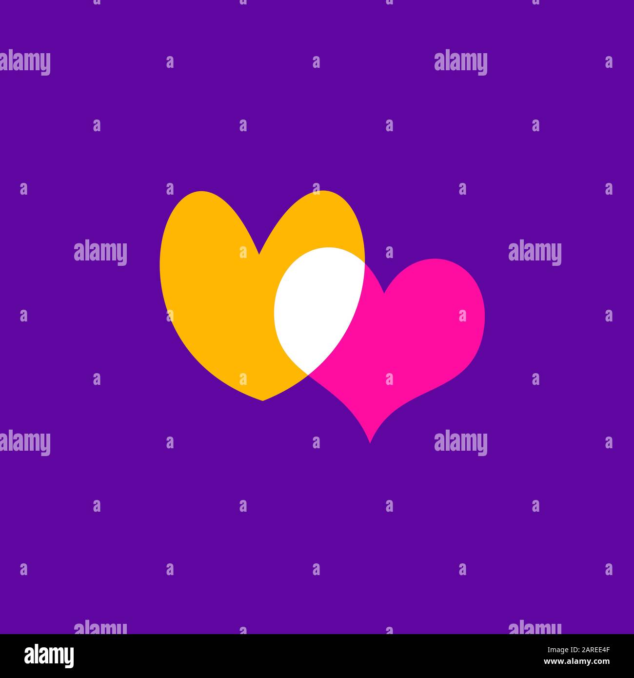 Icona dei cuori isolata su sfondo violetto. Romantico cuore icona giallo e rosa. Simbolo d'amore. Felice San Valentino e elementi di design per matrimoni. Semplice Illustrazione Vettoriale