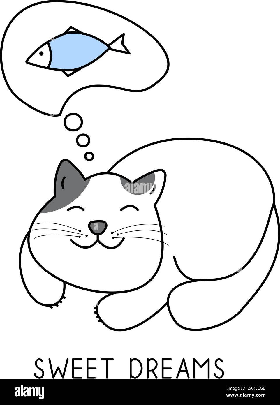 Un gatto carino sogna di un pesce, sogni dolci stile disegnato a mano, carino fumetto personaggio animale divertente. Illustrazione Vettoriale