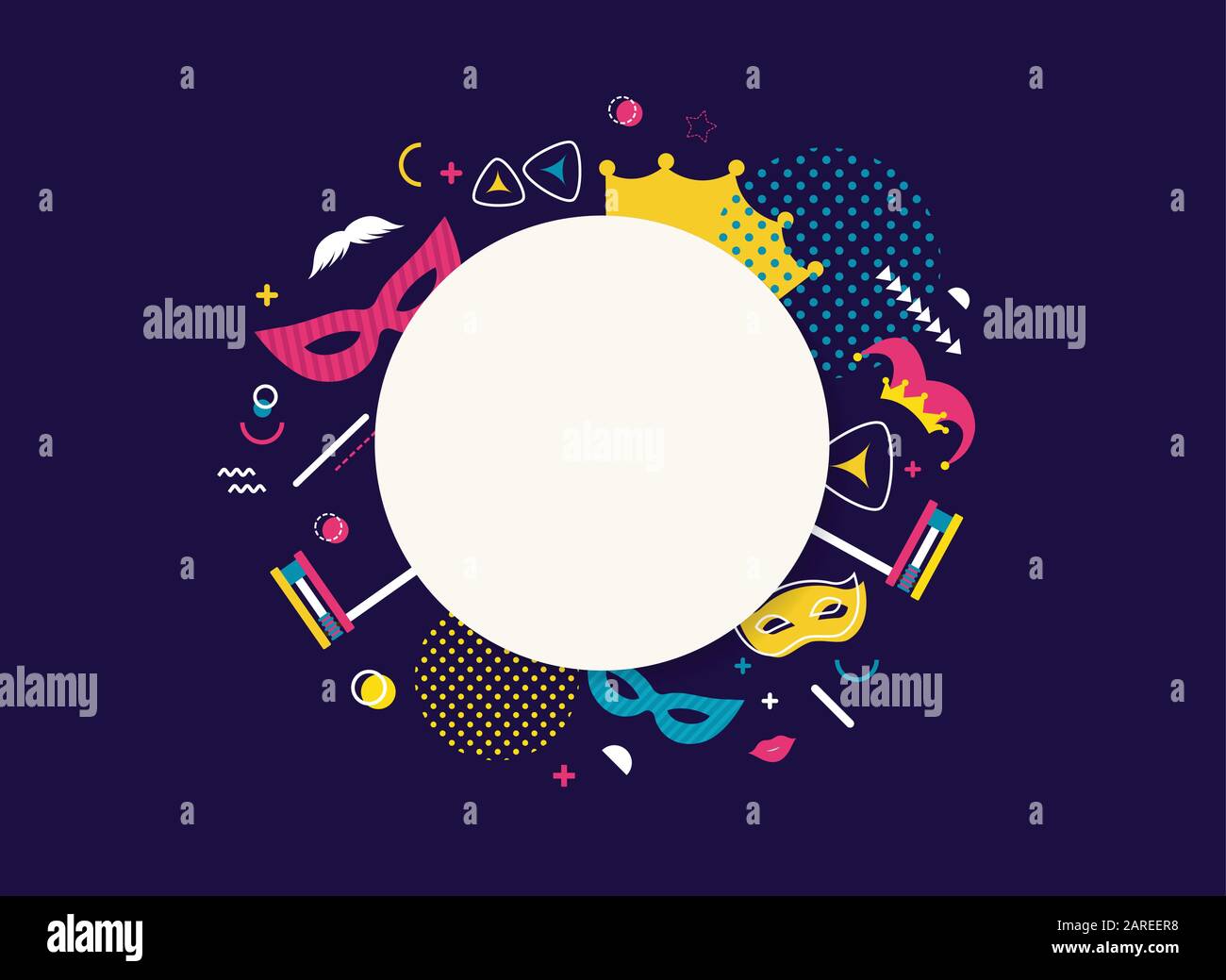 Happy Purim. Sfondo di vacanza Ebraica e banner luna Park di Carnevale con maschere di Carnevale e tradizionali elementi ebraici. Illustrazione Vettoriale