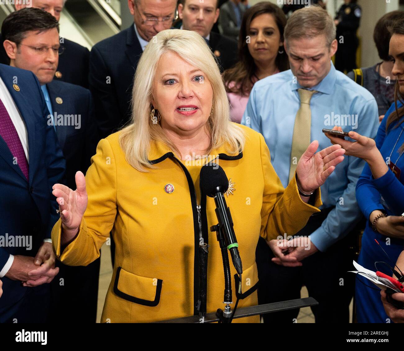 Washington, STATI UNITI - 27 GENNAIO 2020: Il rappresentante degli Stati Uniti Debbie Lesko (R-AZ) discute il processo di impeachment vicino alla metropolitana del Senato a Washington, DC. Foto Stock