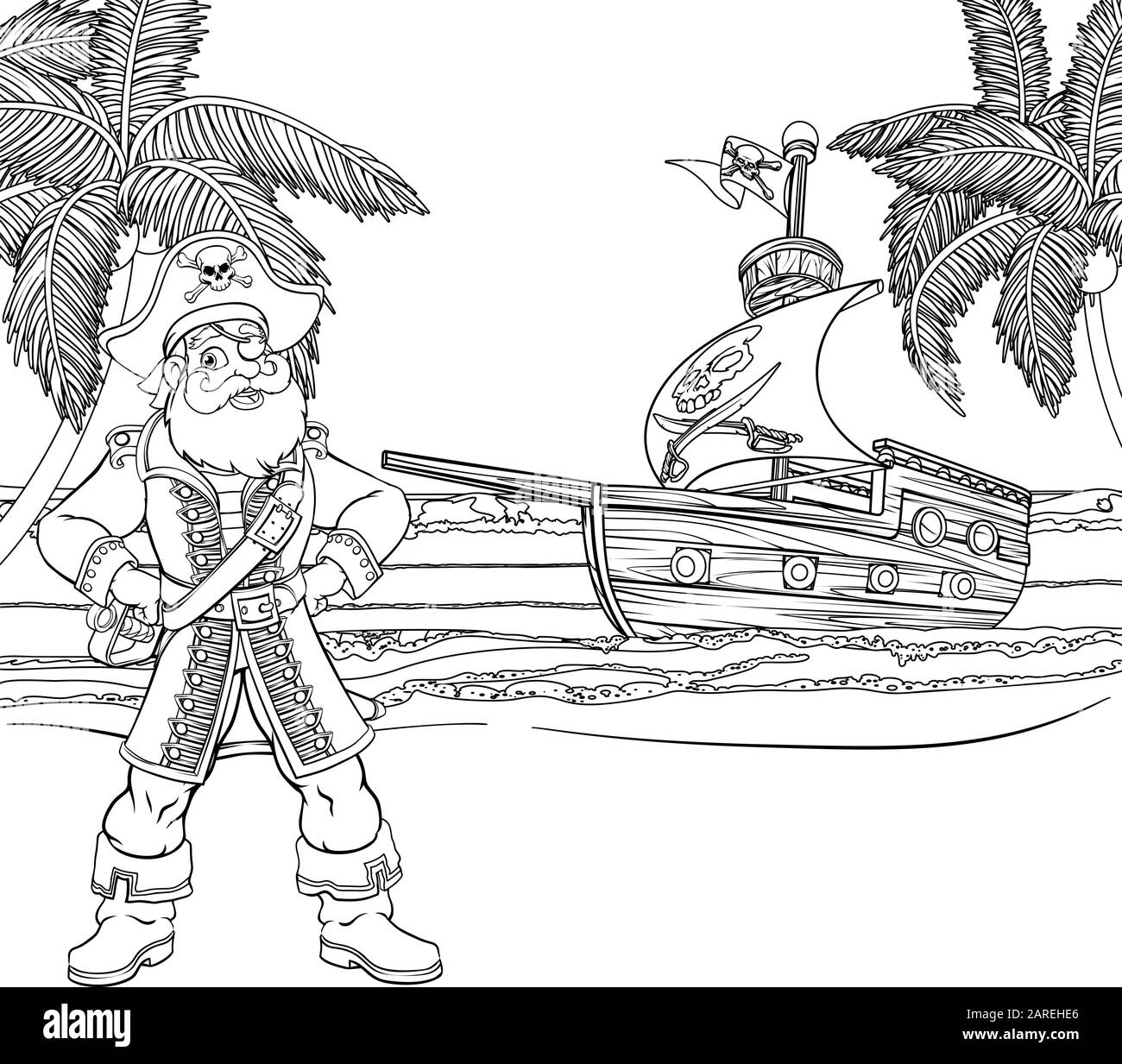 Pirate Captain Ship Cartoon Colorazione Sfondo Illustrazione Vettoriale