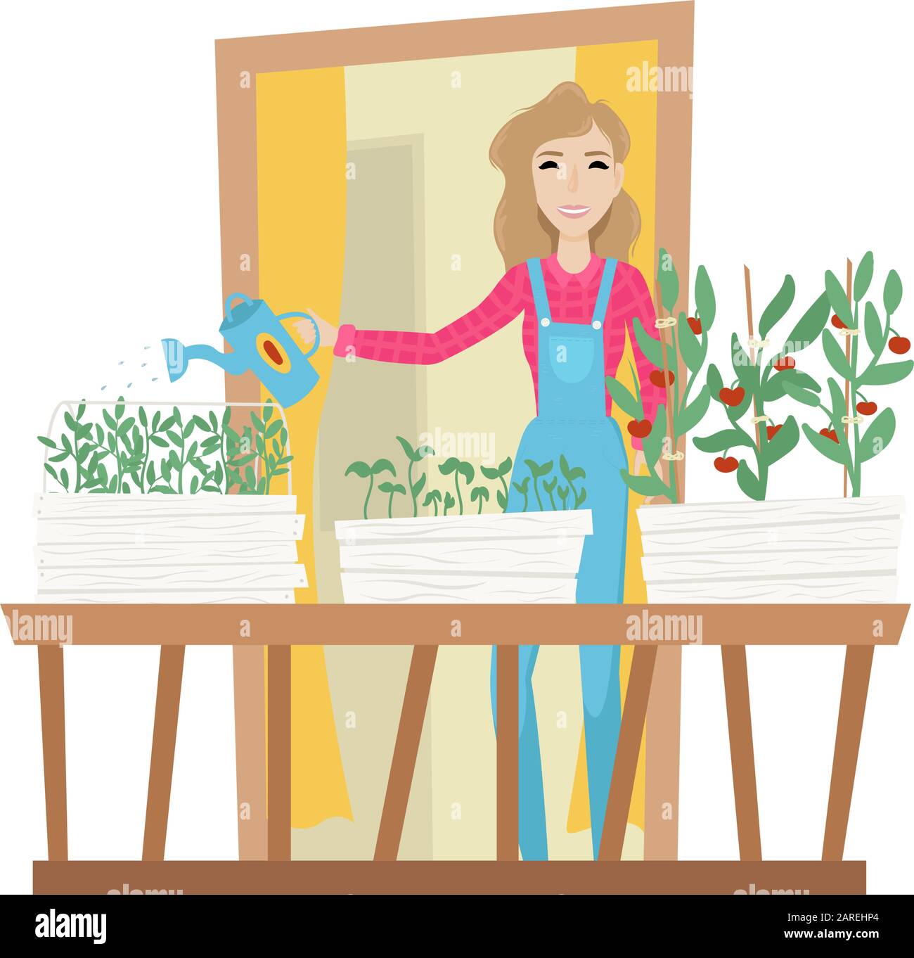 Letti con piantine per la coltivazione di verdure sul balcone. Consumo ambientale. Città fattoria. La ragazza bagna i giovani pianta. Illustrazione Vettoriale