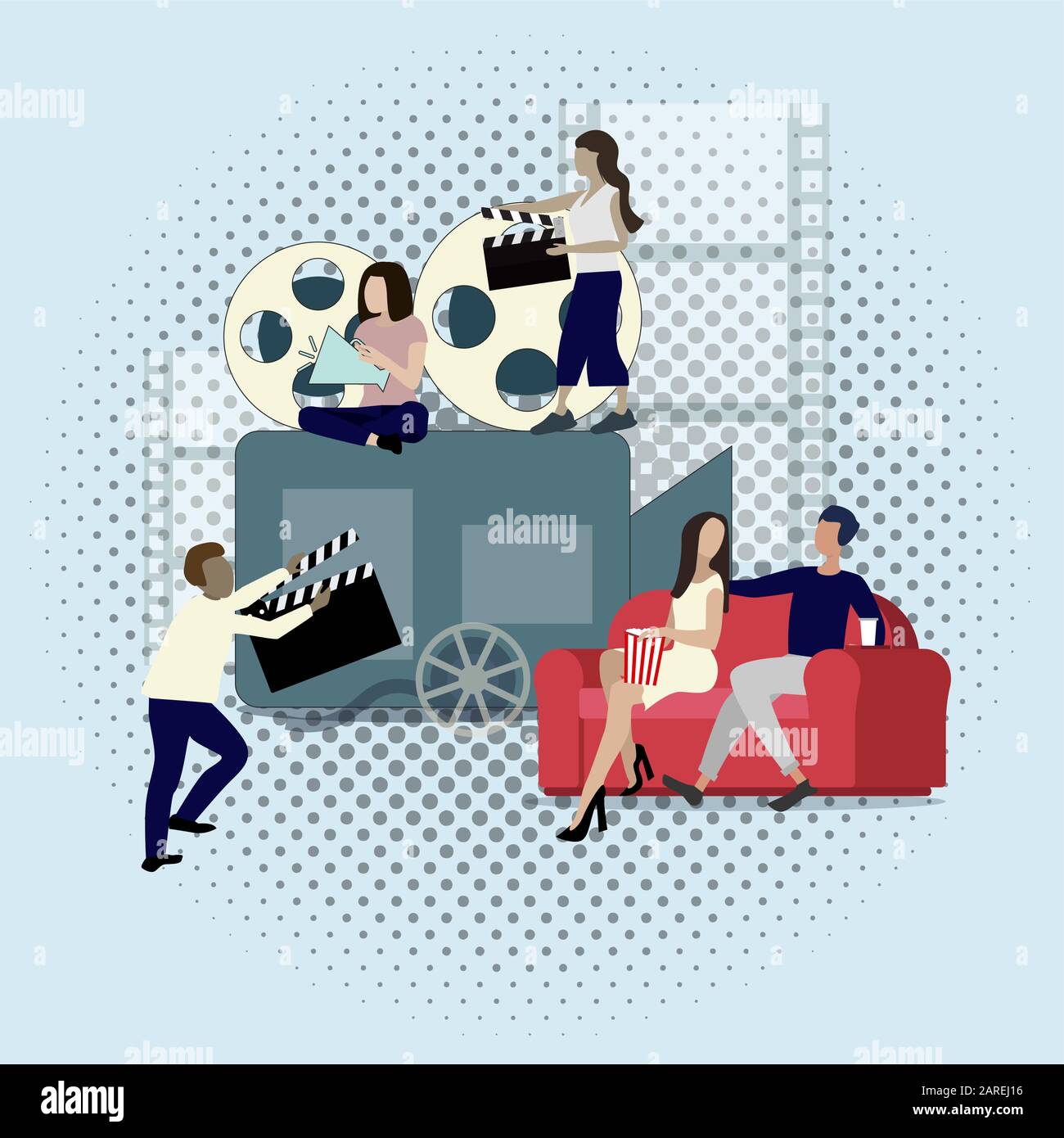 Industria cinematografica, filmatura e produzione, macchina fotografica e clapper. Concetto di cinematografia vettoriale, team di cinema che produce immagini video, produzione di intrattenimento Illustrazione Vettoriale