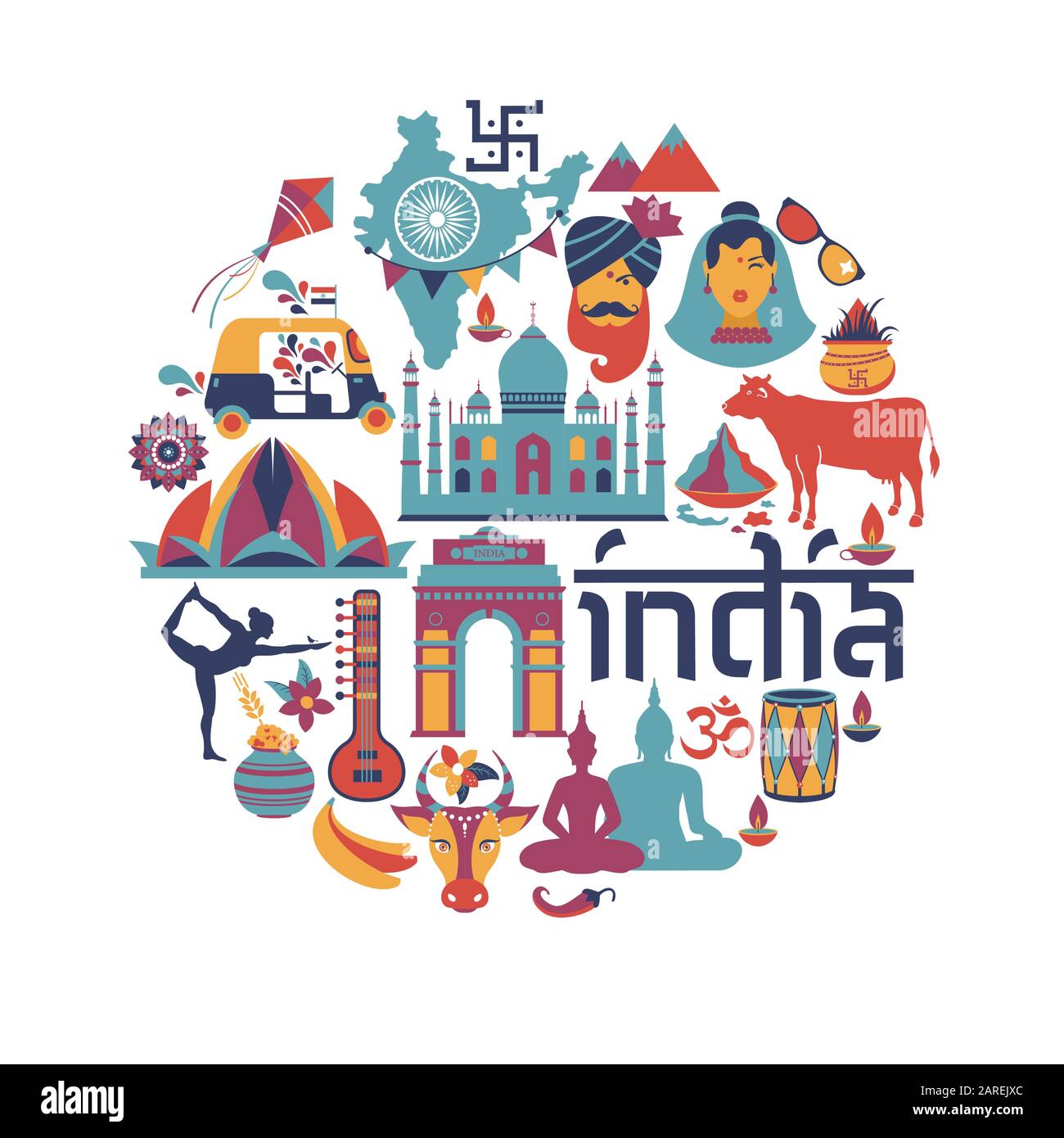 India asia set paese vettore architettura indiana tradizioni asiatiche buddismo isolato di viaggio icone. Illustrazione Vettoriale