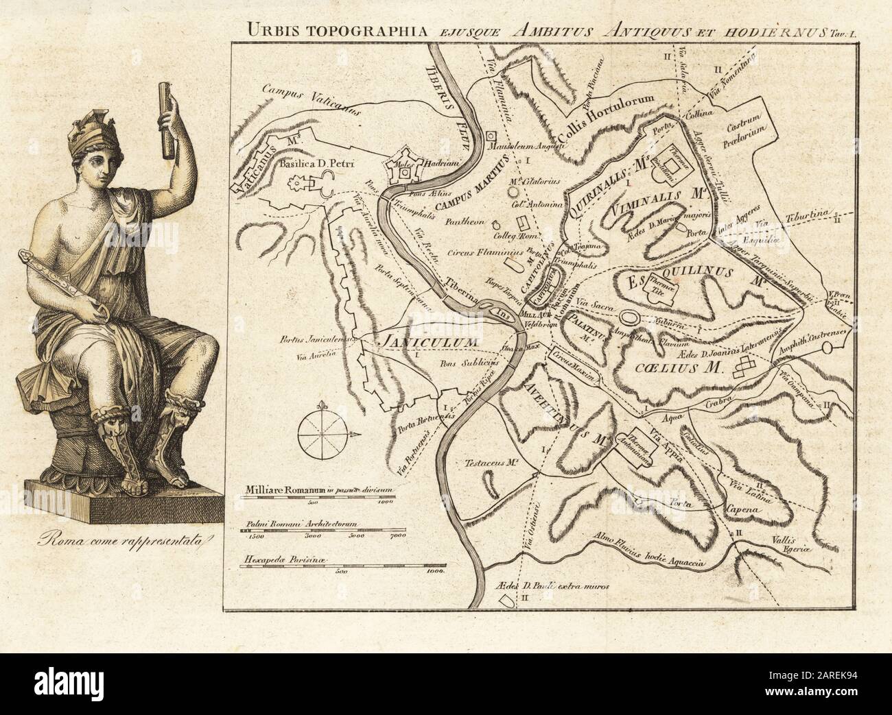 Mappa di Roma che mostra topografia antica e moderna. Figura allegorica di Roma. Urbis Topographia ejusque Ambitus Antiquus et Hodiernus. Da una mappa di Francesco Gandini. Foto Stock