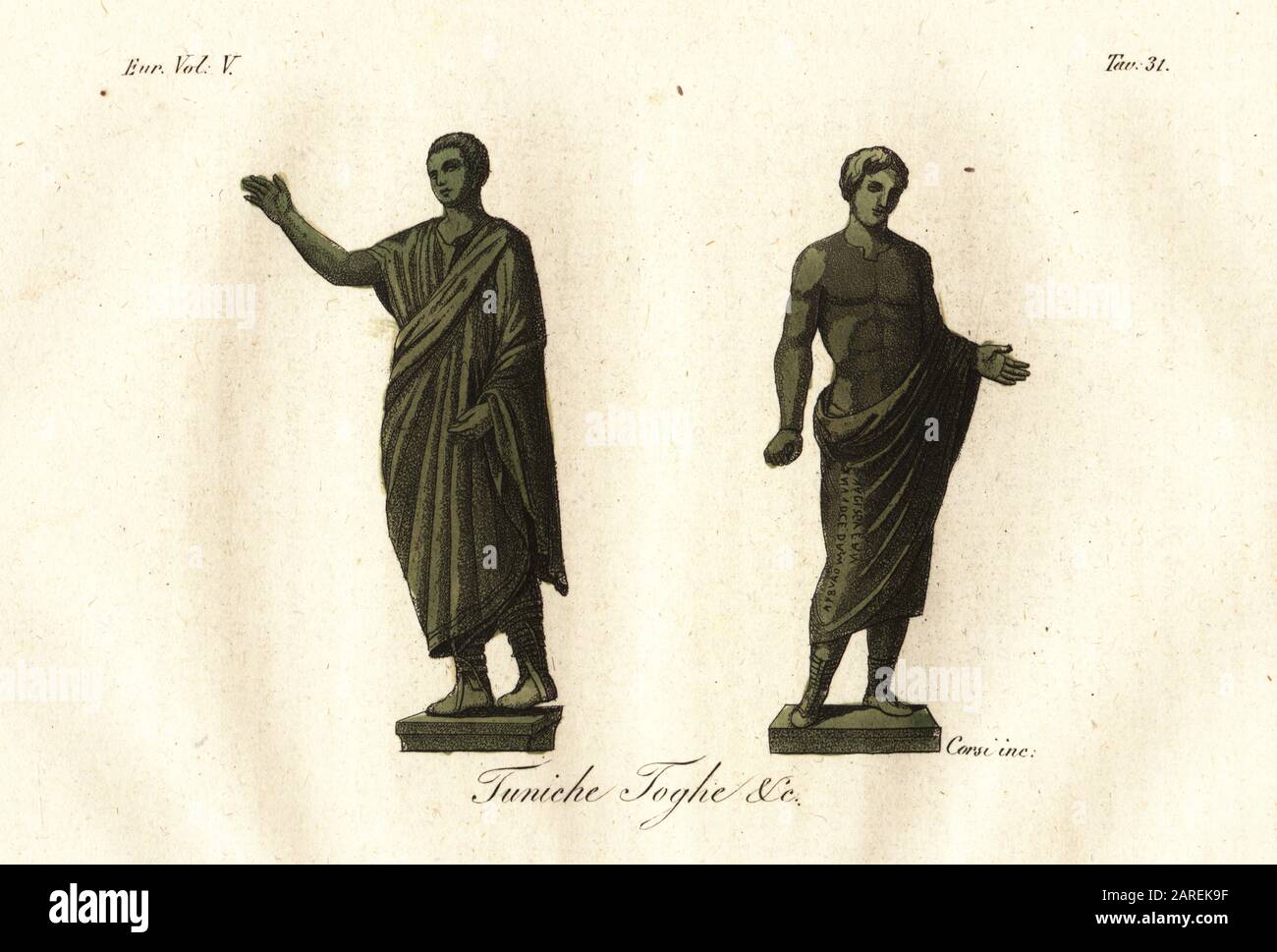 Antiche statue etrusche mostrano uomini che indossano toga, tunica, calzari (scarpe), ecc. Tunica Toghe &c.. Incisione su coppetta a mano di Corsi Dai Costumi di Giulio Ferrario Antico E Moderno dei popoli del mondo, il Costume Antico e moderno, Firenze, 1843. Foto Stock