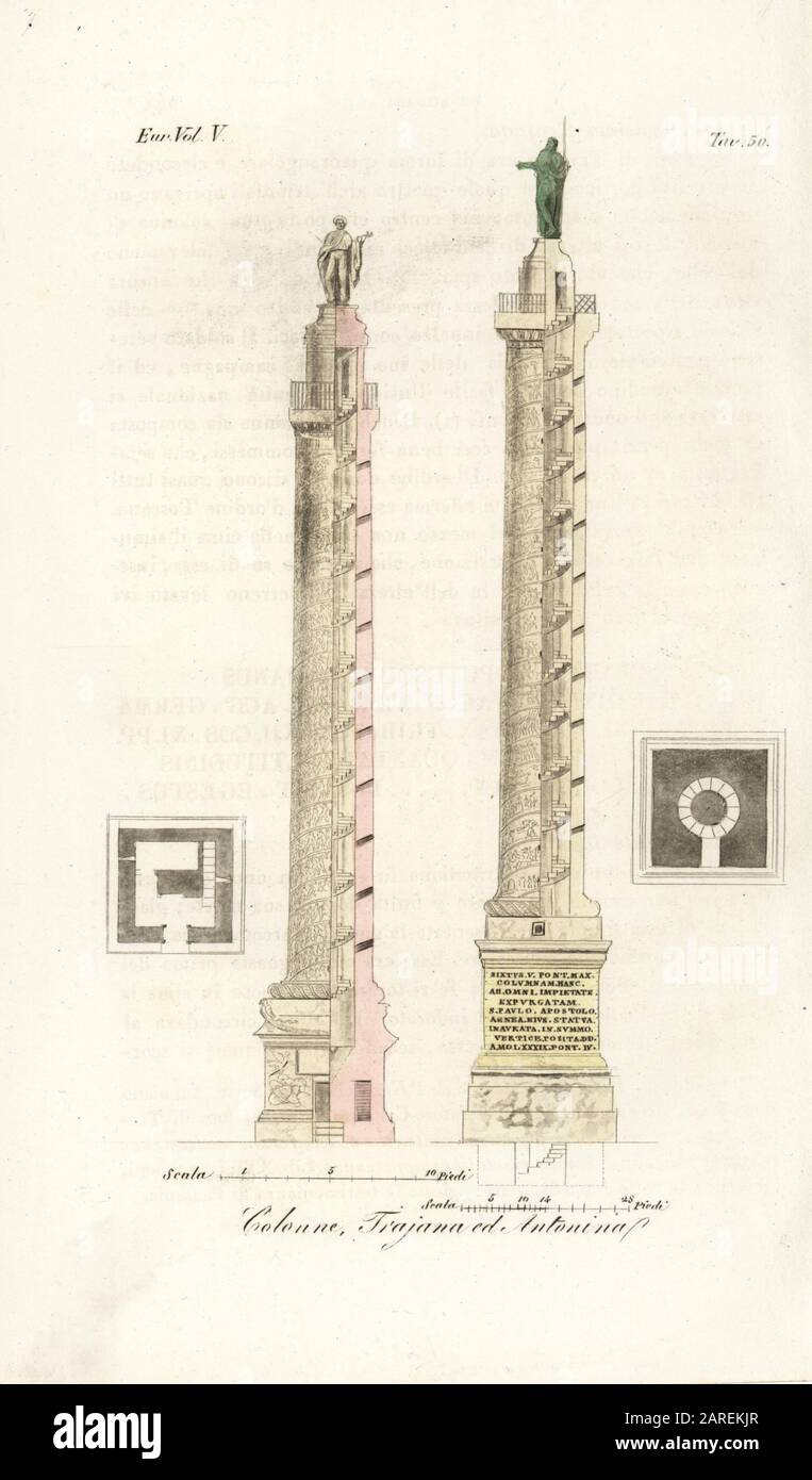 Pianta e elevazione Della Colonna di Traiano e Della Colonna di Marco Aurelio (Colonna Antonina), Roma. Colonne, Trajana Ed Antonina. Incisione su coppetta a mano dei Costumi di Giulio Ferrario Antico E Moderno dei popoli del mondo, il Costume Antico e moderno, Firenze, 1843. Foto Stock