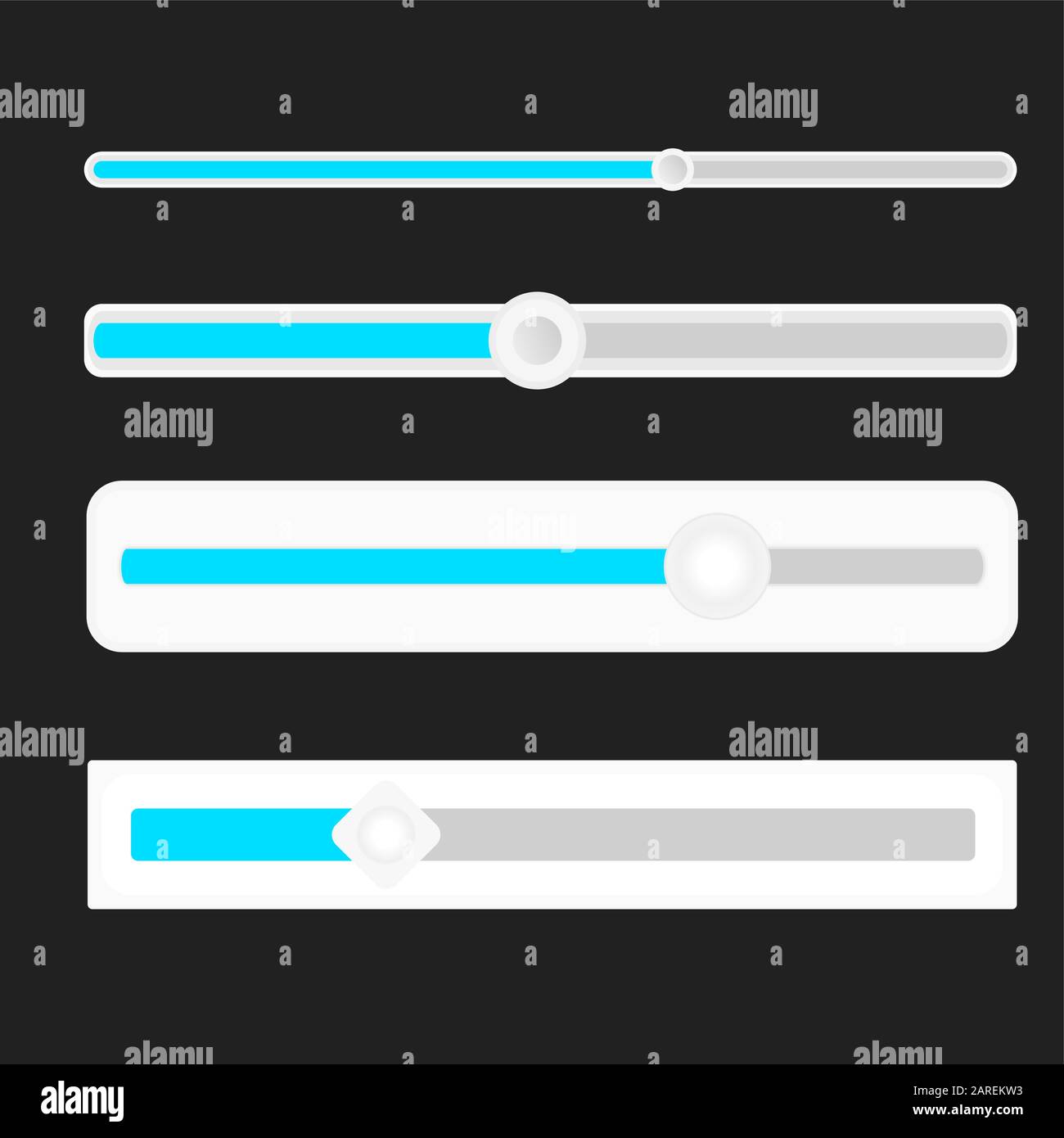 Manopola scorrevole per volume, indicatore impostato. Equalizzatore di controllo con cursore vettoriale, livello di interfaccia indicatore, illustrazione del regolatore dell'interruttore Illustrazione Vettoriale