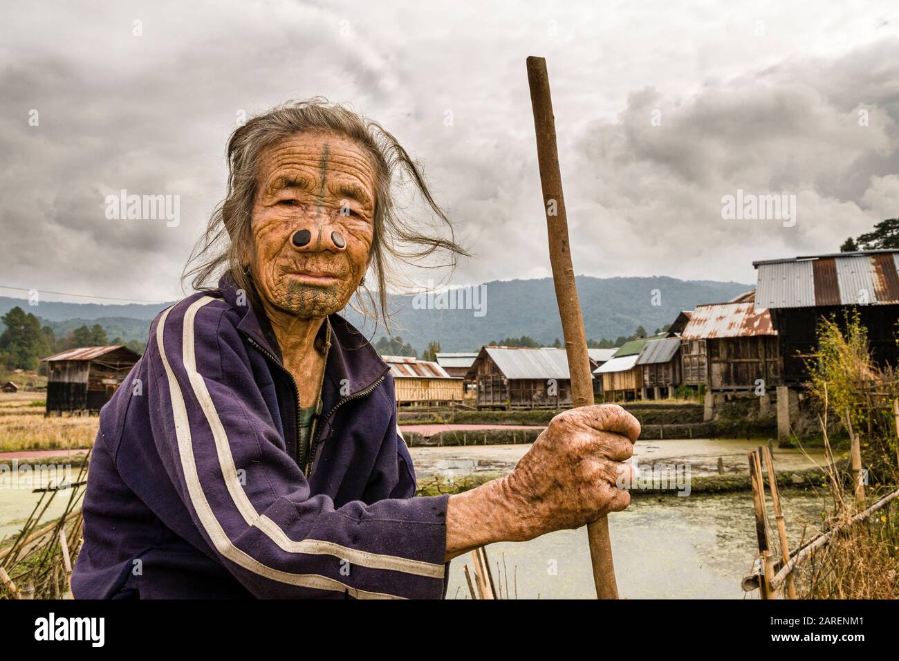 Ritratto di una donna Apatani con tatuaggi e i tradizionali dischi di bambù nelle sue narici Foto Stock