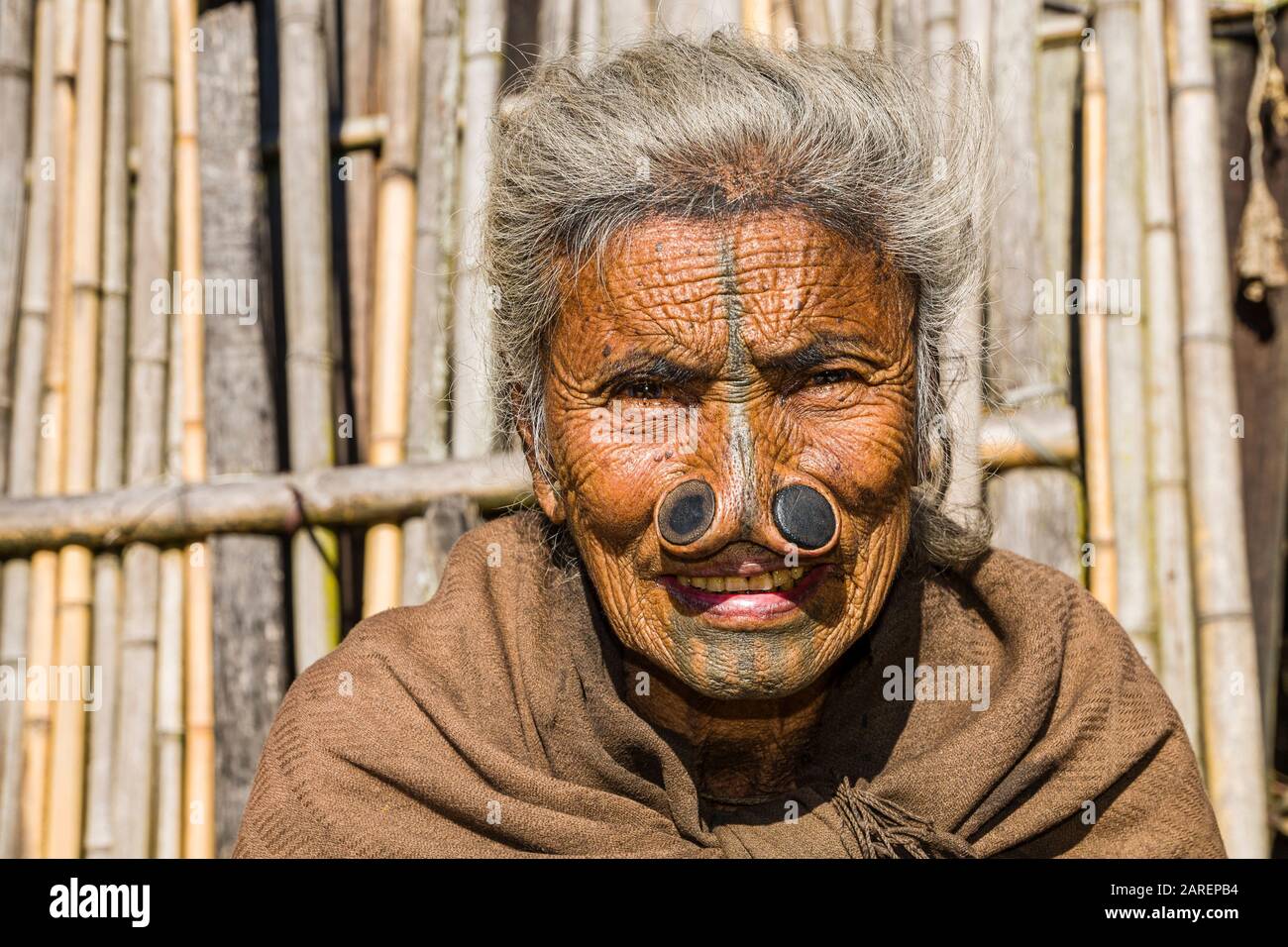 Ritratto di una donna Apatani con tatuaggi e i tradizionali dischi di bambù nelle sue narici Foto Stock