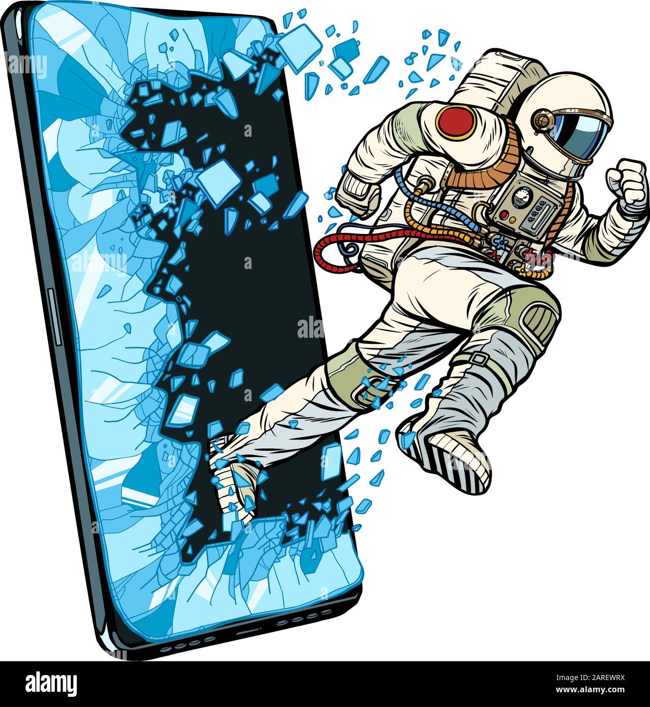 Concetto di applicazioni online scientifiche. L'astronauta passa attraverso uno smartphone Illustrazione Vettoriale