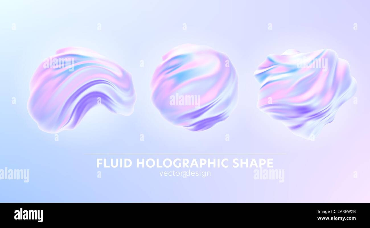 Set di modelli realistici Alla Moda con forma olografica 3d su sfondo blu per il design banner. Sfondo a forma di fluido. Sfondo arcobaleno. Liquido Illustrazione Vettoriale