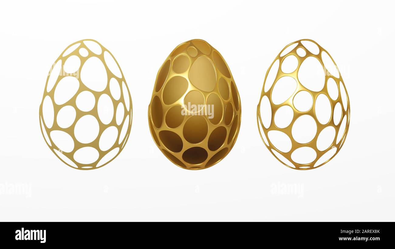 Biglietto d'auguri di Pasqua con un'immagine di un uovo di Pasqua in una griglia 3d realistica e dorata. Decorazione di gioielli. Ornamento di lusso. Vettore Illustrazione Vettoriale