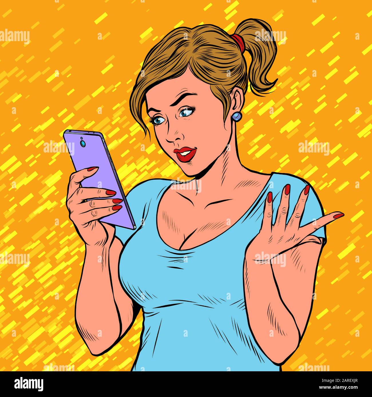 Una giovane donna con uno smartphone. Tecniche e gadget Illustrazione Vettoriale