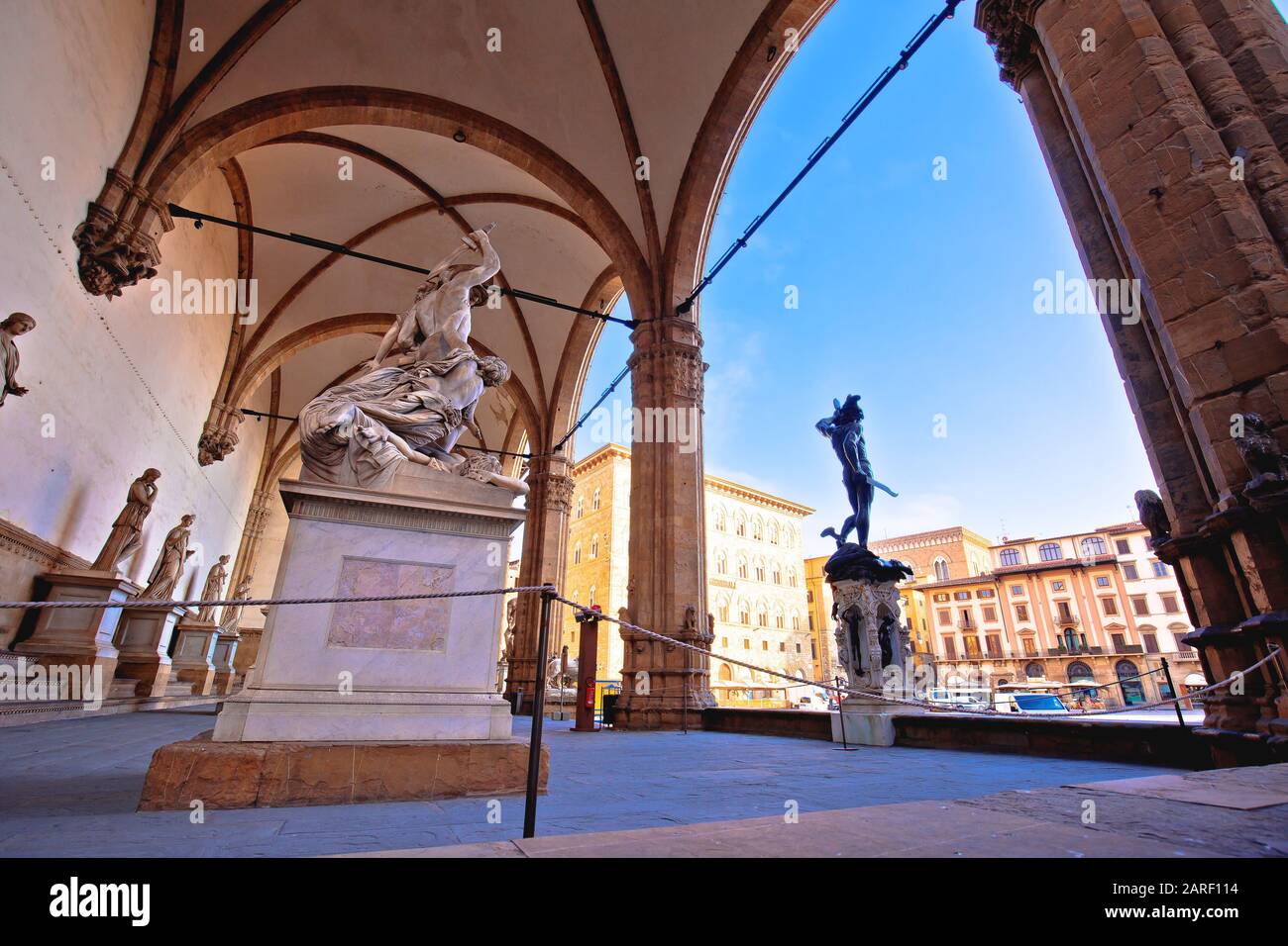 Piazza della Signoria a Firenze piazza monumenti e statue vista, Regione Toscana Italia Foto Stock