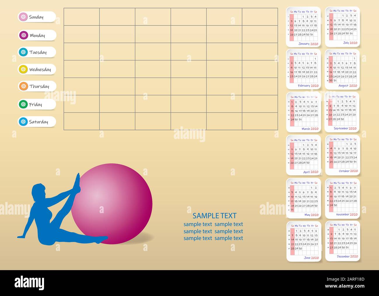 Calendario per il 2020 anno con pianificatore settimanale. Il calendario può essere utilizzato come pianificatore di attività fisica o fitness e così via. La settimana inizia domenica. Illustrazione Vettoriale