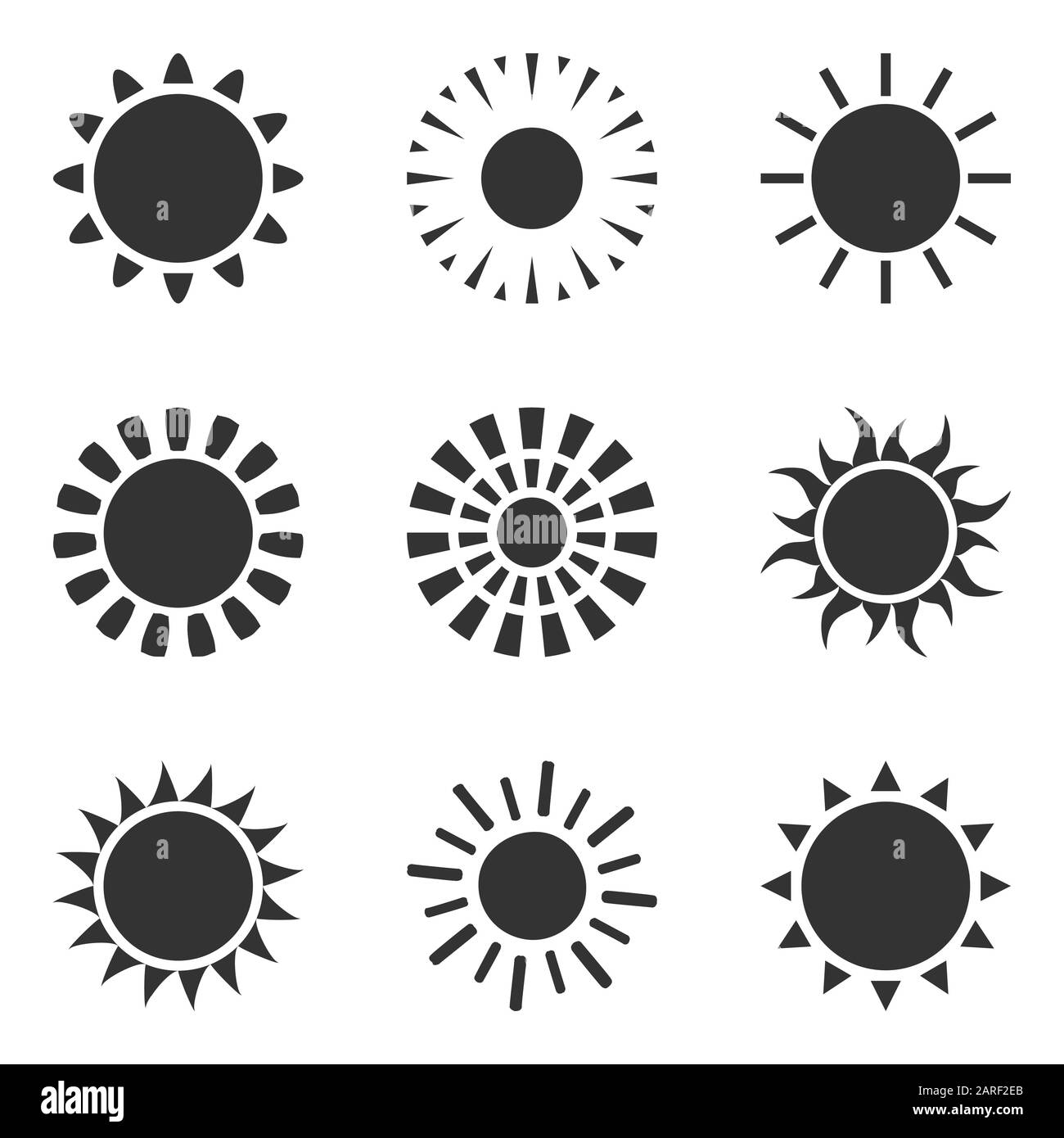 Sun set di icone. Appartamento luminoso collezione di simboli. Loghi per luce diurna Illustrazione Vettoriale
