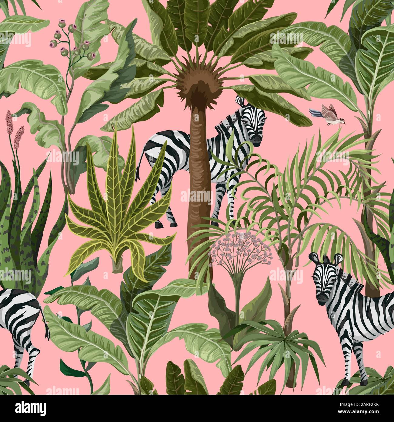 Motivo senza cuciture con alberi tropicali e zebra. Vettore. Illustrazione Vettoriale