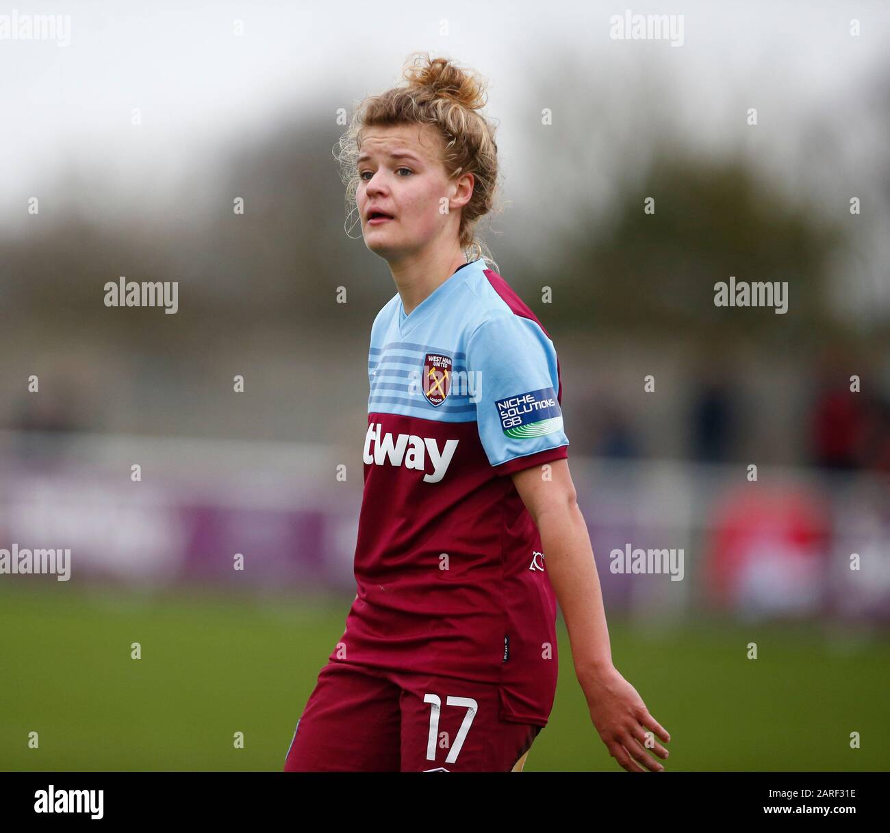 Dagenham, INGHILTERRA - 27 GENNAIO: Esmee de Graaf of West Ham United WFC durante la Coppa delle donne fa quarto round match tra West Ham United Women e Arsenal at Rush Green Stadium il 27 gennaio 2020 a Dagenham, England7 (Photo by AFS/Espa-Images) Foto Stock