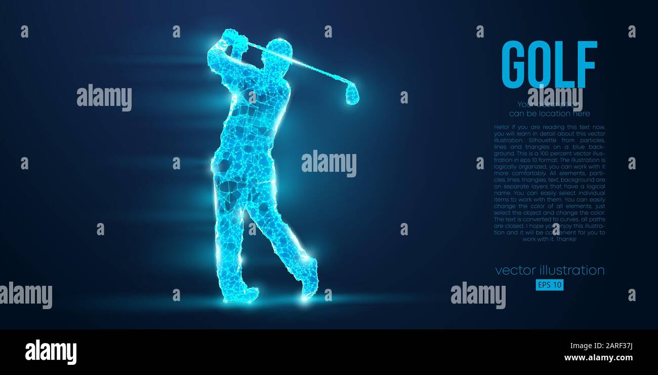 Silhouette di un giocatore di golf, golfista da particelle su sfondo blu. Profilo geometrico del filo al neon in poli basso. Illustrazione del vettore Illustrazione Vettoriale