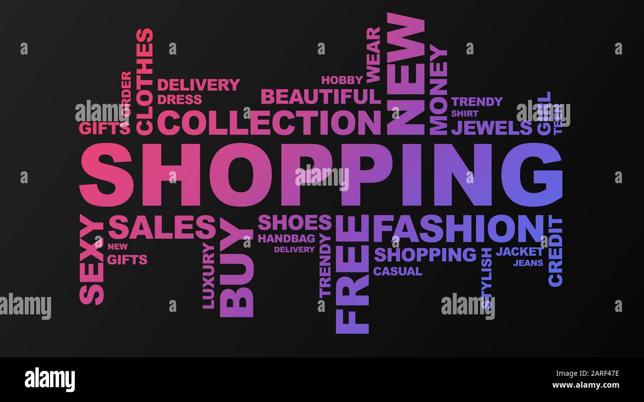 Shopping Wordcloud Su Sfondo Nero Con Parole Viola, Panorama Foto Stock