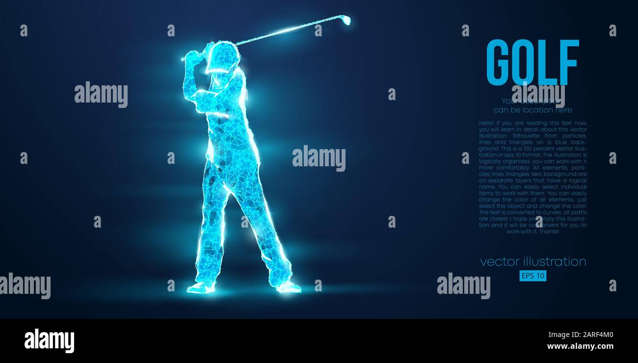 Silhouette di un giocatore di golf, golfista da particelle su sfondo blu. Profilo geometrico del filo al neon in poli basso. Illustrazione del vettore Illustrazione Vettoriale