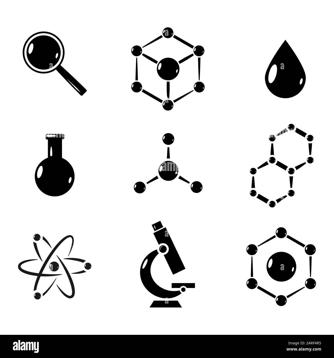 Set di icone chimiche o mediche vettoriali. Simboli Atom, Flask, Molecule Illustrazione Vettoriale