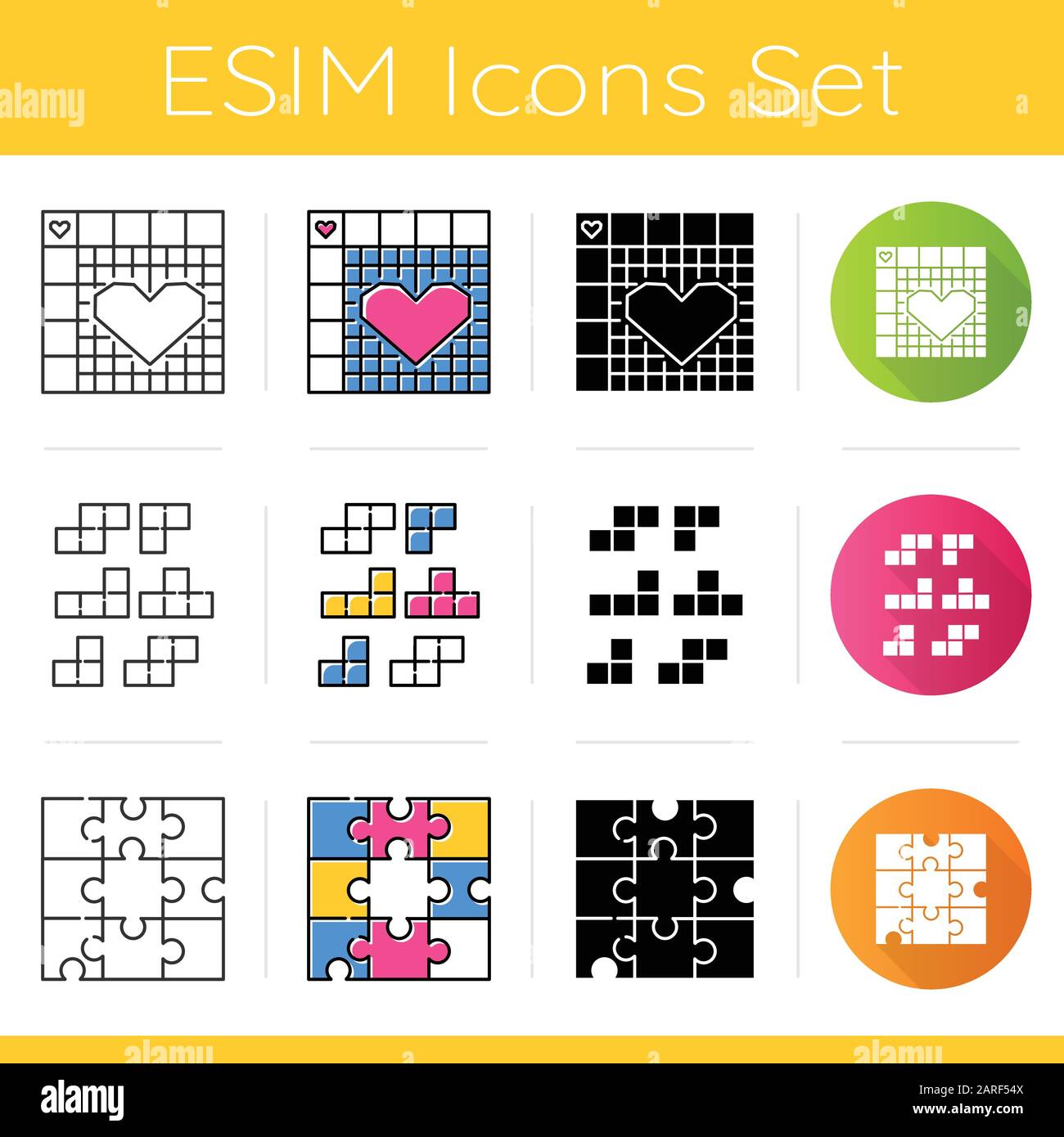 Puzzle e enigmi icone impostato. Nonogram, picross, gridlers. Gioco di abbinamento tessere. Puzzle jigsaw. Giochi di logica. Teaser cerebrale. Design piatto, lineare, nero Illustrazione Vettoriale