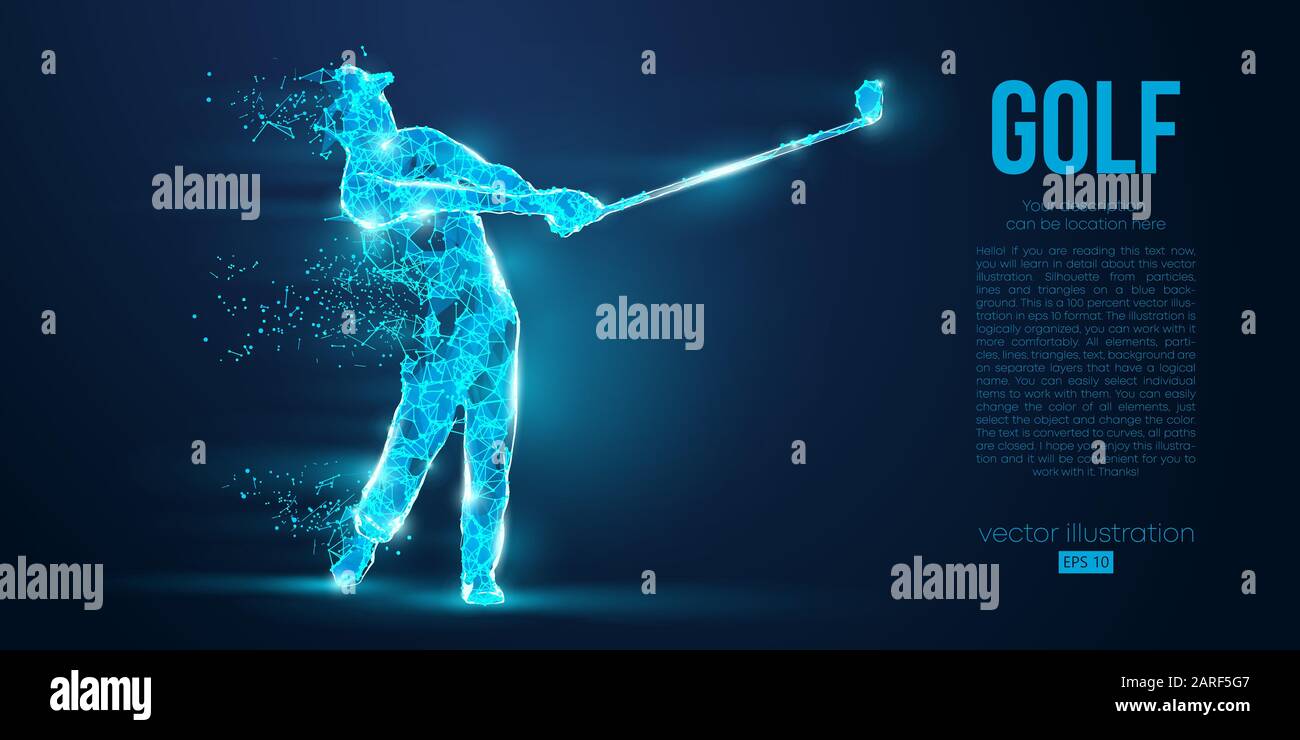 Silhouette di un giocatore di golf, golfista da particelle su sfondo blu. Profilo geometrico del filo al neon in poli basso. Illustrazione del vettore Illustrazione Vettoriale