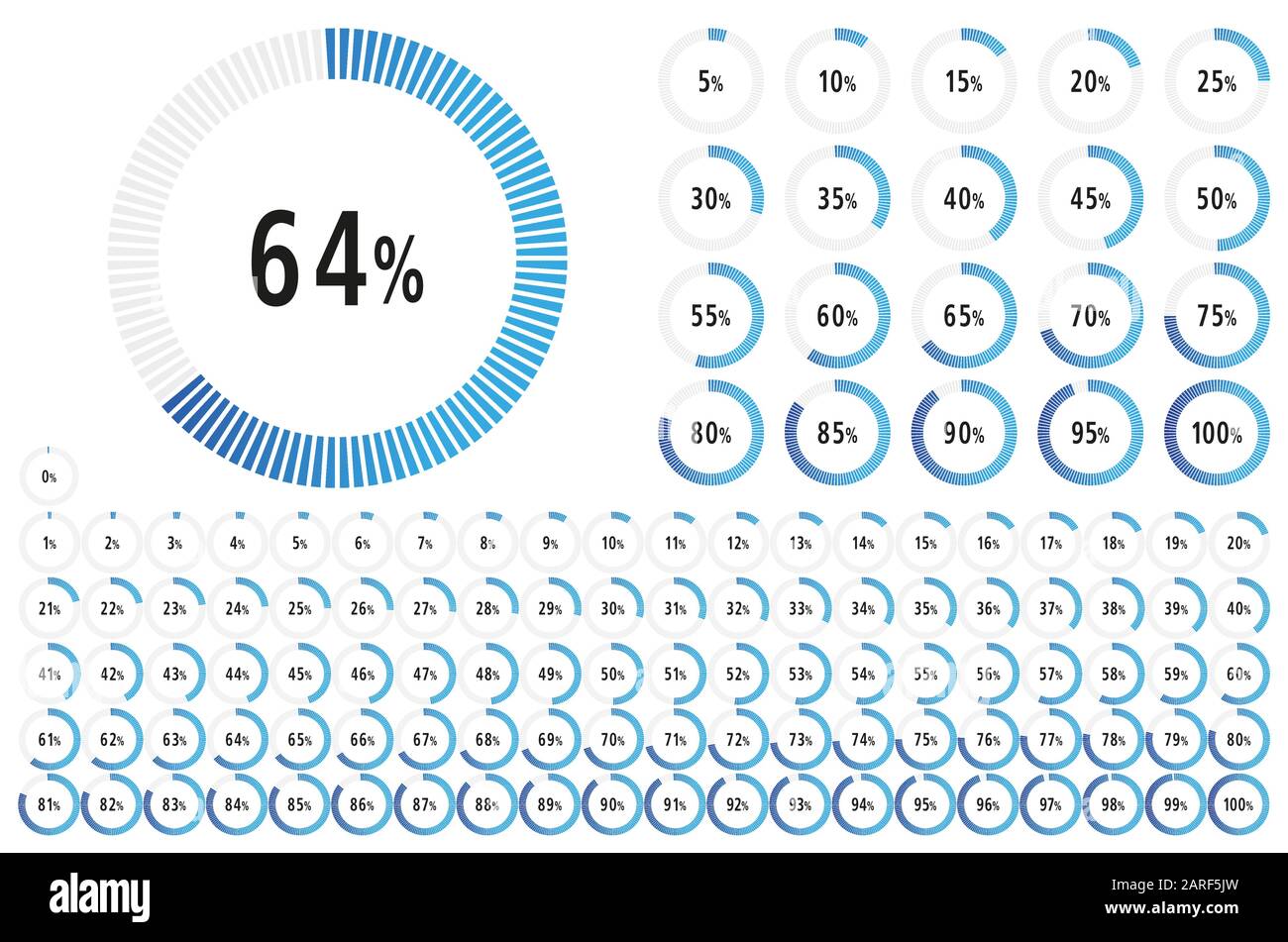 Serie di diagrammi percentuali 0-100 del cerchio pronti per l'uso per infografica, web design e ux, ui, con linea blu - Illustrazione vettoriale Illustrazione Vettoriale