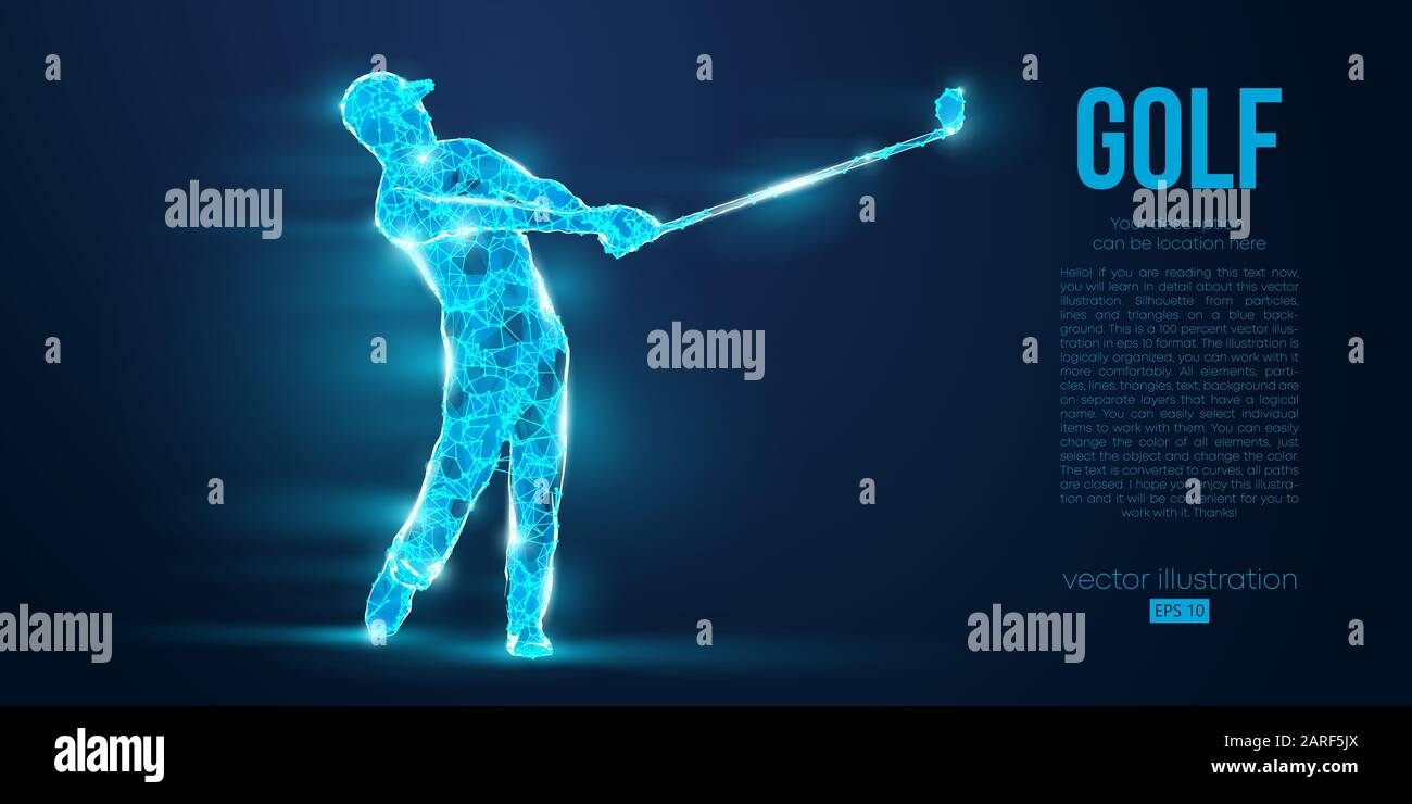 Silhouette di un giocatore di golf, golfista da particelle su sfondo blu. Profilo geometrico del filo al neon in poli basso. Illustrazione del vettore Illustrazione Vettoriale