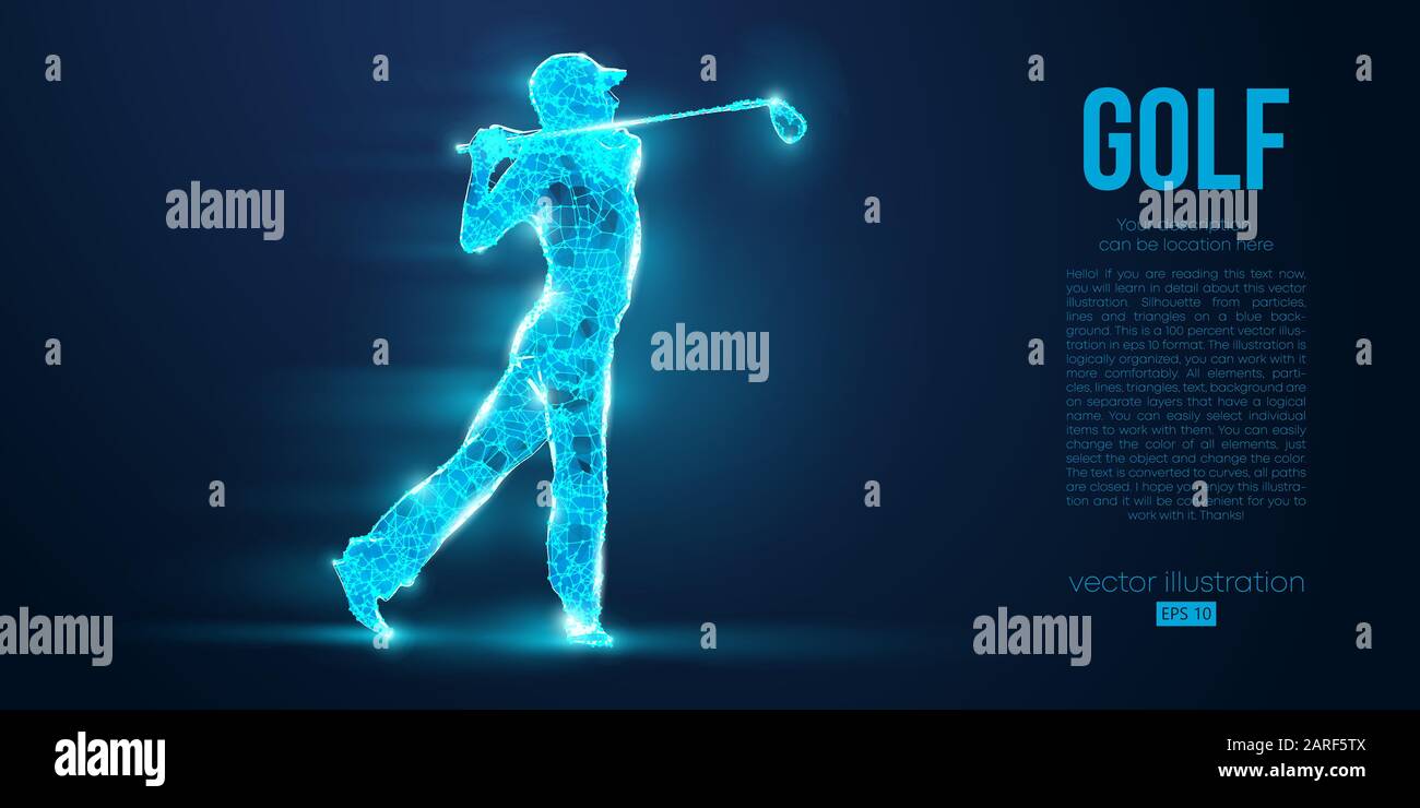 Silhouette di un giocatore di golf, golfista da particelle su sfondo blu. Profilo geometrico del filo al neon in poli basso. Illustrazione del vettore Illustrazione Vettoriale