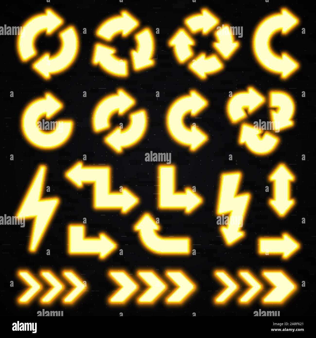 Frecce al neon gialle luminose sullo sfondo nero in mattoni. Luce alogena a LED brillante. Simbolo indicatore di direzione illuminato. Circolo riciclabile Illustrazione Vettoriale