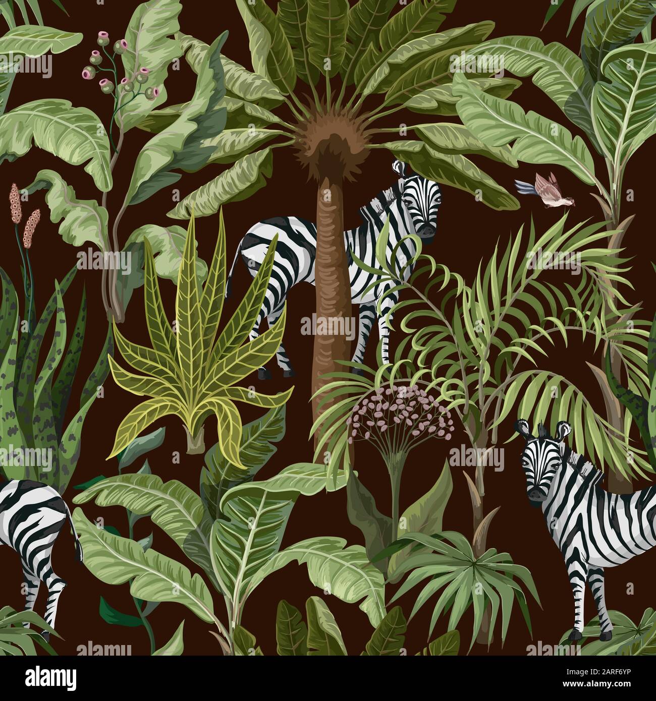 Motivo senza cuciture con alberi tropicali e zebra. Vettore. Illustrazione Vettoriale