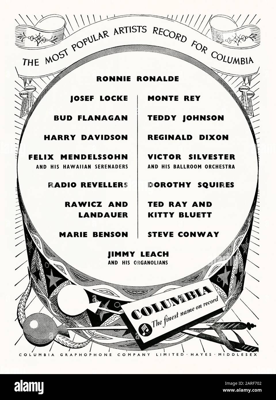 Annuncio per gli artisti britannici della Columbia Records, 1951. Questo è apparso nel libro guida ufficiale per il Festival of Britain che si è tenuto sulla South Bank, Londra, Inghilterra, Regno Unito nel 1951. L'annuncio elenca molte delle stelle popolari della musica del giorno compreso Victor Silvester, Bud Flanagan, Monte Ray, Teddy Johnson, Josef Locke e Dorothy Squires. Columbia è il marchio più vecchio del suono registrato. La sua fabbrica a Hayes ha prodotto i primi record nel 1908. La società si è fusa con la Columbia Graphophone Company nel 1931 per formare Electric and Musical Industries Limited (EMI). Foto Stock