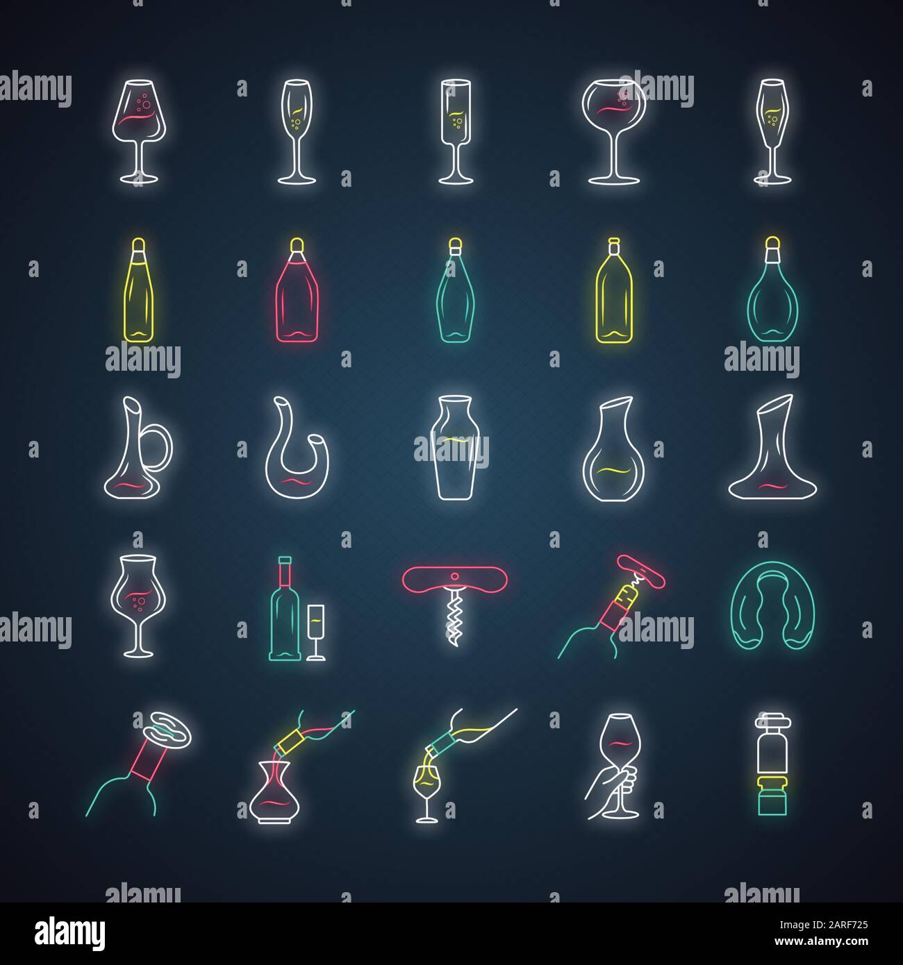 Set di icone di luci al neon per vino e vista. Diversi tipi di vetreria da bar e bevande alcoliche. Decanter, bottiglie, utensili da barman. Segnali luminosi. Ve Illustrazione Vettoriale