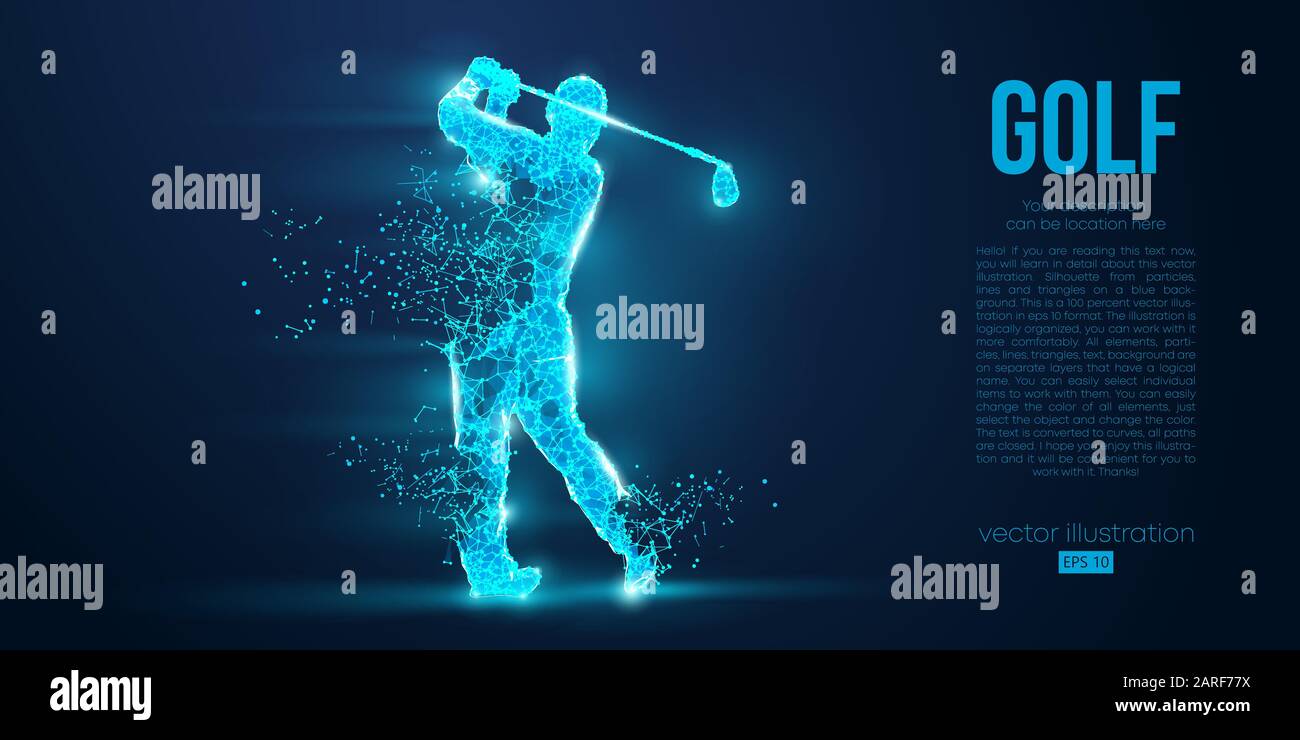 Silhouette di un giocatore di golf, golfista da particelle su sfondo blu. Profilo geometrico del filo al neon in poli basso. Illustrazione del vettore Illustrazione Vettoriale