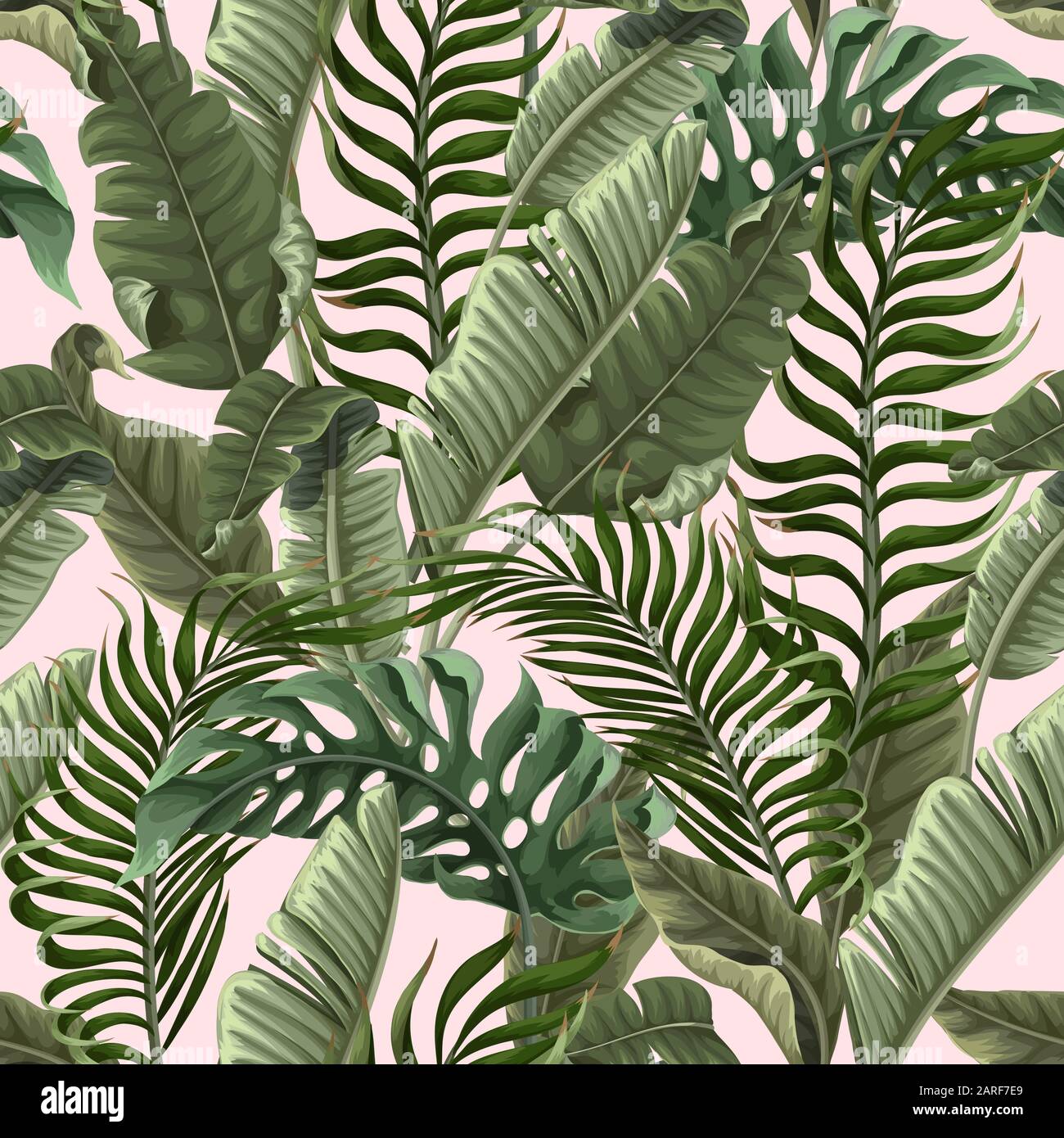 Motivo senza cuciture con foglie tropicali su sfondo rosa. Vettore. Illustrazione Vettoriale