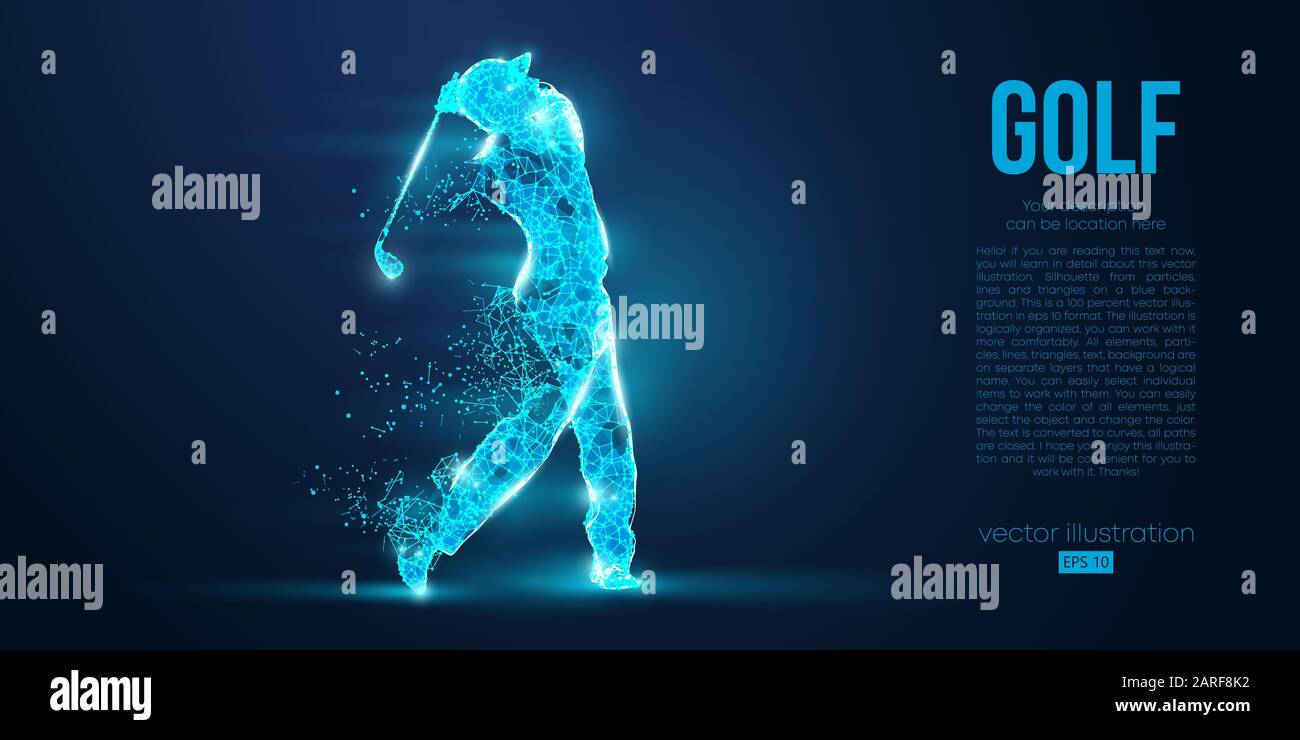 Silhouette di un giocatore di golf, golfista da particelle su sfondo blu. Profilo geometrico del filo al neon in poli basso. Illustrazione del vettore Illustrazione Vettoriale