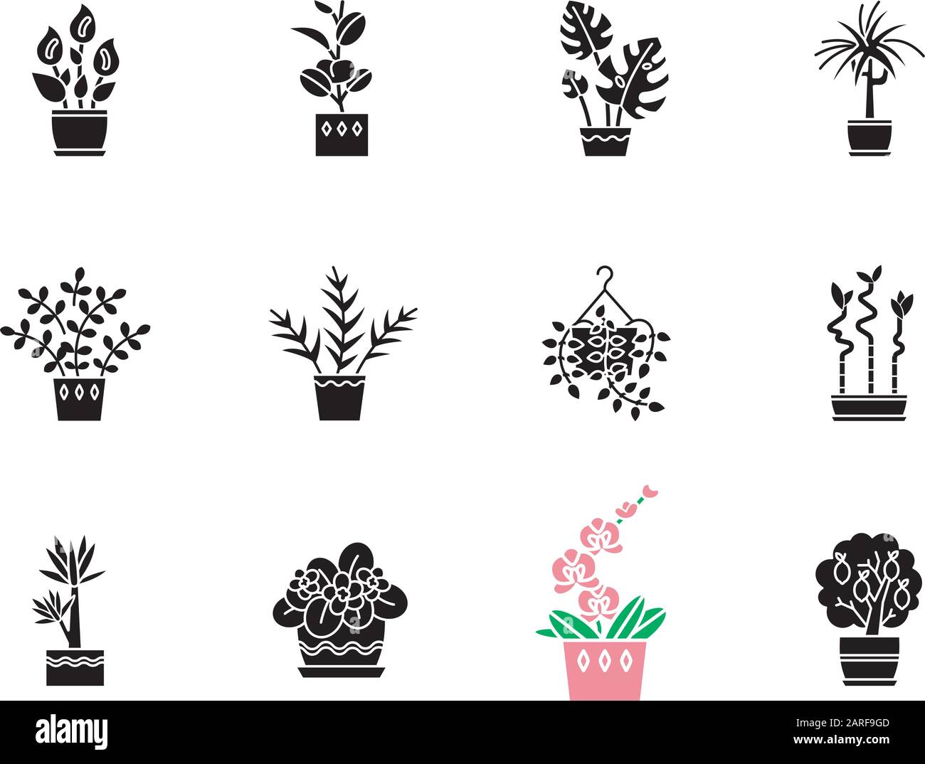 Houseplants nero glyph icone impostato su spazio bianco. Piante interne. Ficus, monstera, violetto africano, bambù fortunato. Giglio di pace, pothos, palma di salotto. Silho Illustrazione Vettoriale