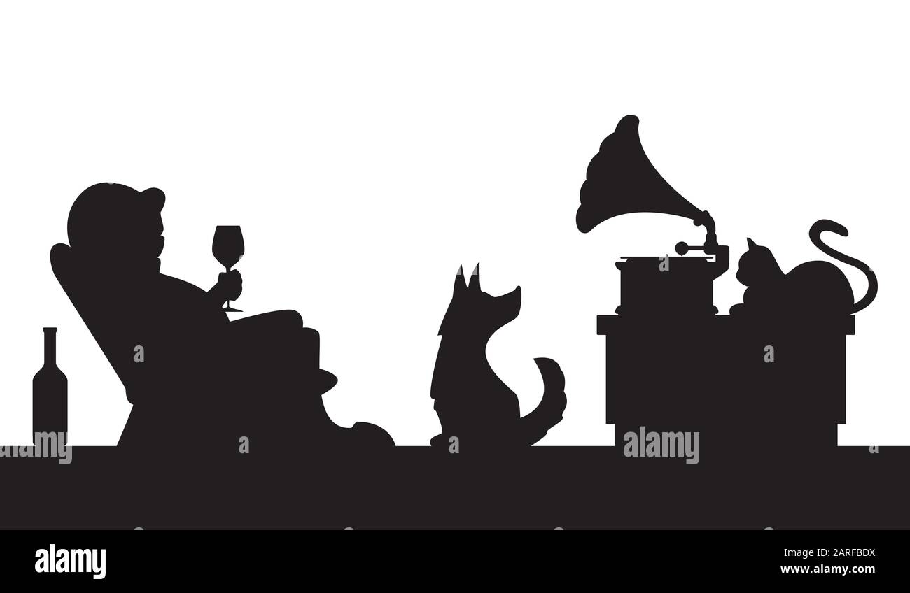 illustrazione del cartone animato - l'uomo con un bicchiere di vino in una sedia ascolta la musica da un fonografo / silhouette, oggetti singoli su strati separati Illustrazione Vettoriale