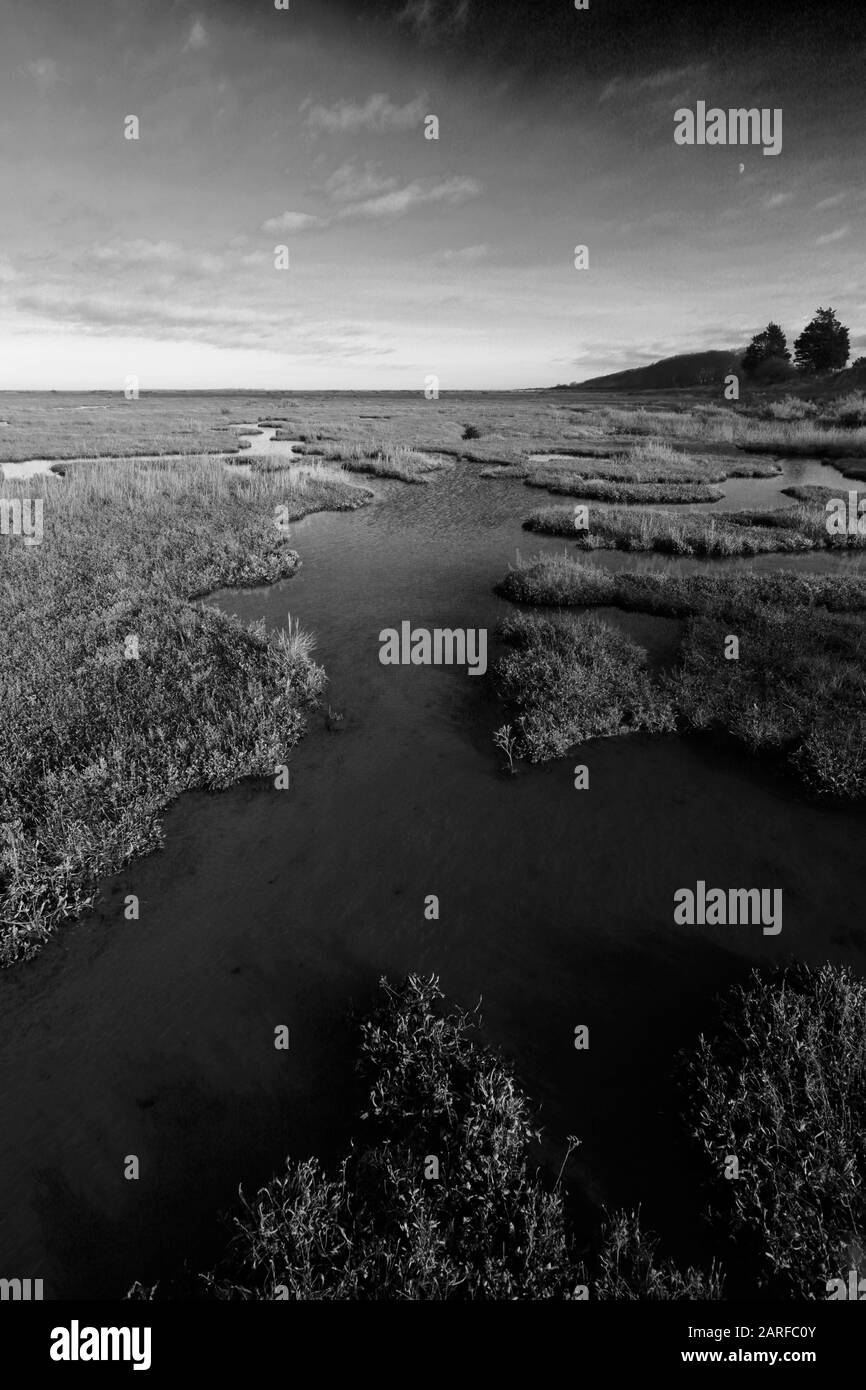 Vista su Stiffkey saltmarshes, North Norfolk, Inghilterra, Regno Unito Foto Stock