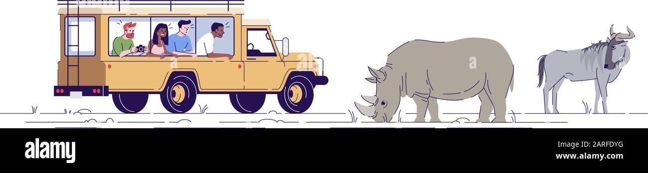 Safari viaggio piatto doodle illustrazione. Persone che osservano e fotografano animali selvatici dal furgone. Parco di conservazione della fauna selvatica. Indonesia turismo 2D ca Illustrazione Vettoriale