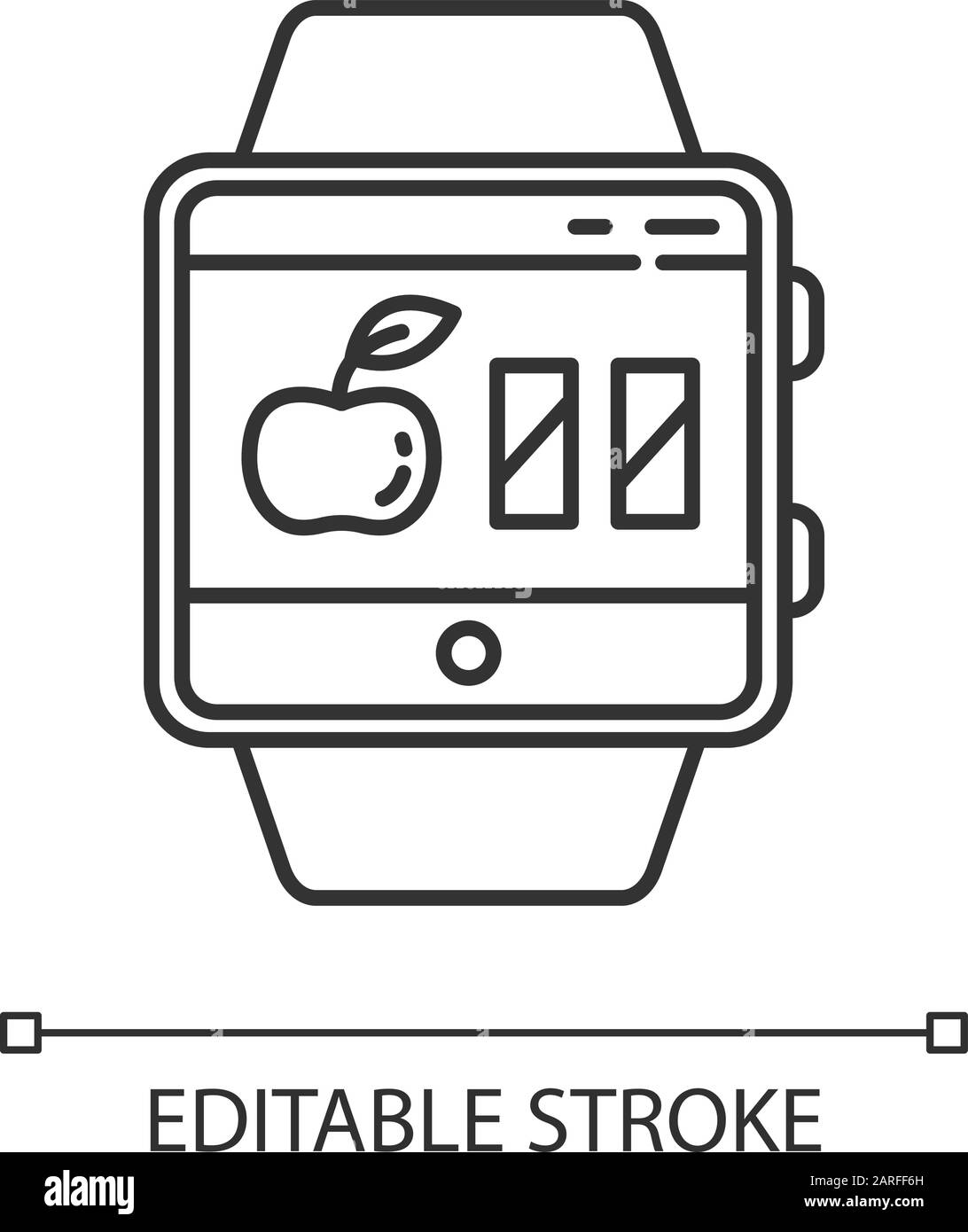Icona lineare della funzione smartwatch calcolatrice caloria. Stima delle calorie per mantenere, perdere e guadagnare peso. Illustrazione a linee sottili. Simbolo del contorno. Vec Illustrazione Vettoriale